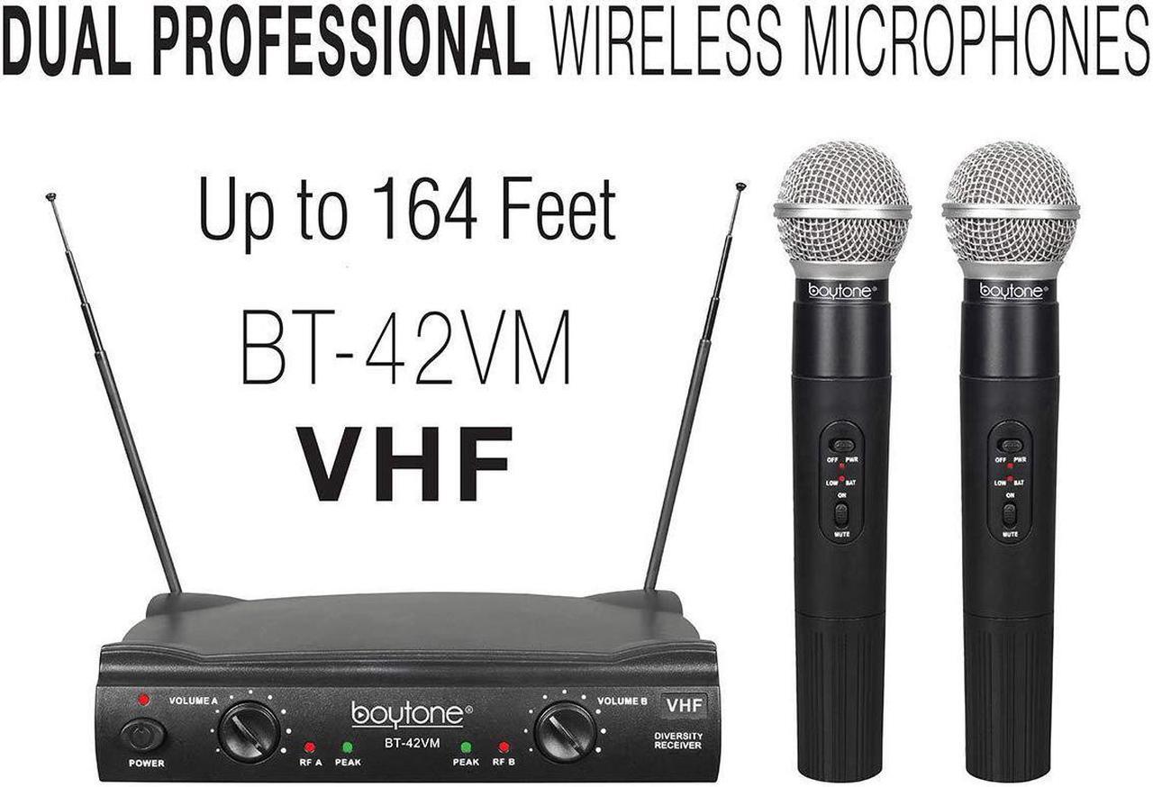 Main image of Boytone BT-42VM Dual Channel Wireless Microphone System - VHF Fixed 2 Handheld for Karaoke, DJ, Church, Conference, with carrying cases