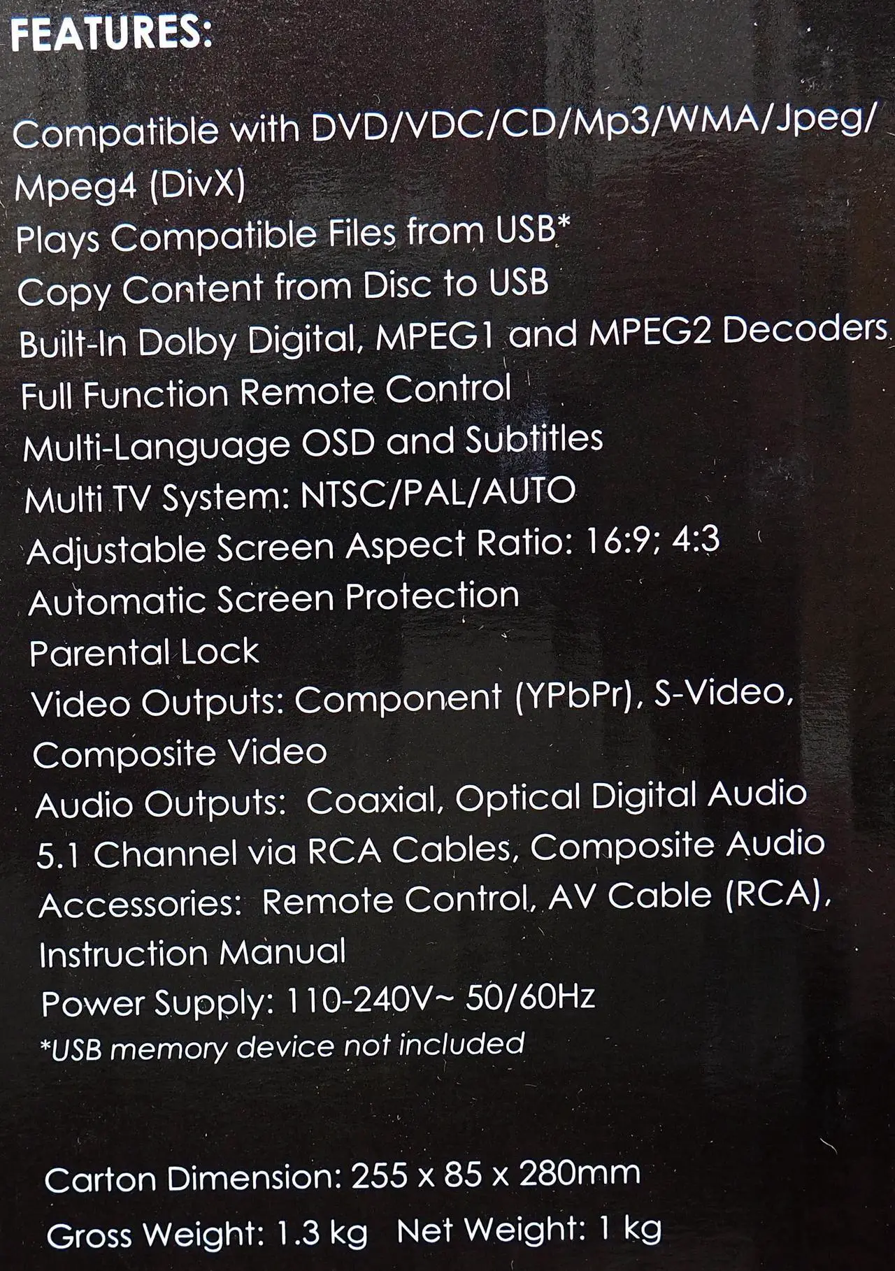 Alt view image 4 of 5 - JVC XV-Y225 All Region Free DVD Player, Multi Format 5.1 Channel Supports DivX, MPEG, MP3, WMA & USB, Black