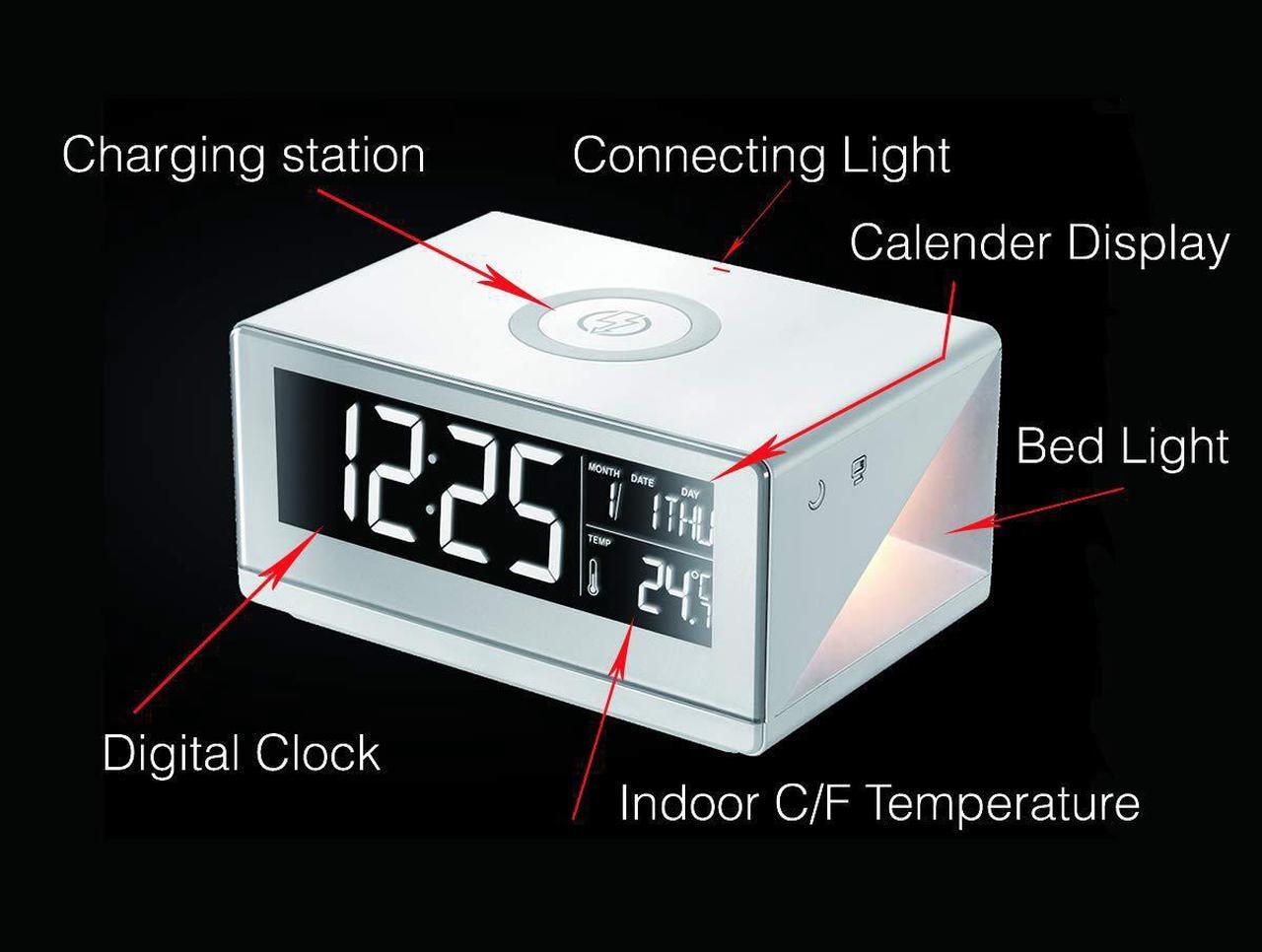 Alt view image 3 of 6 - Boytone BT-12W Fast Wireless Charging Digital Alarm Clock with Temperature & Calendar Display, Bed Light Touch Dimmer, S