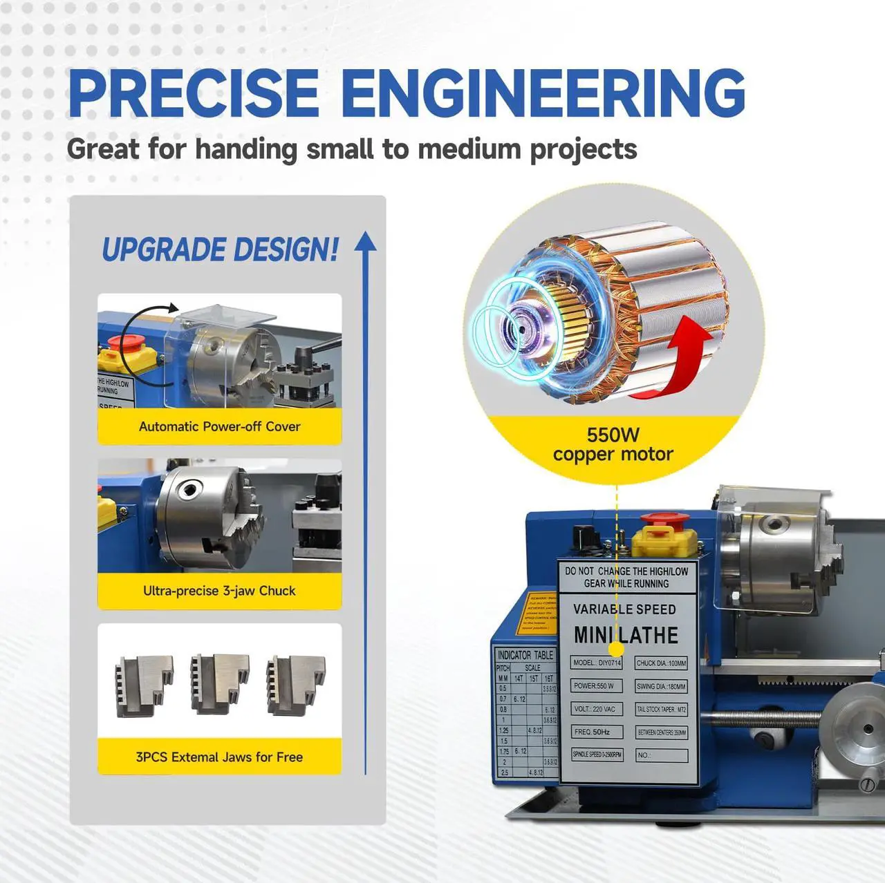 Alt view image 2 of 7 - SFX Mini Lathe Metal Machine 7*14 Small Benchtop Machine Designed for turning,drilling,and threading Spindle Speed 50-2500rpm 3-jaw chuck
