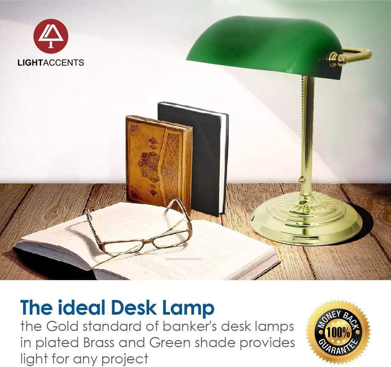 Alt view image 5 of 7 - LIGHTACCENTS Traditional Bankers Desk Lamp with Green Glass Shade and Nickel Finish - Classic Study Light Perfect for Office and Home Workspace - Elegant Small Banker Lamp for Reading