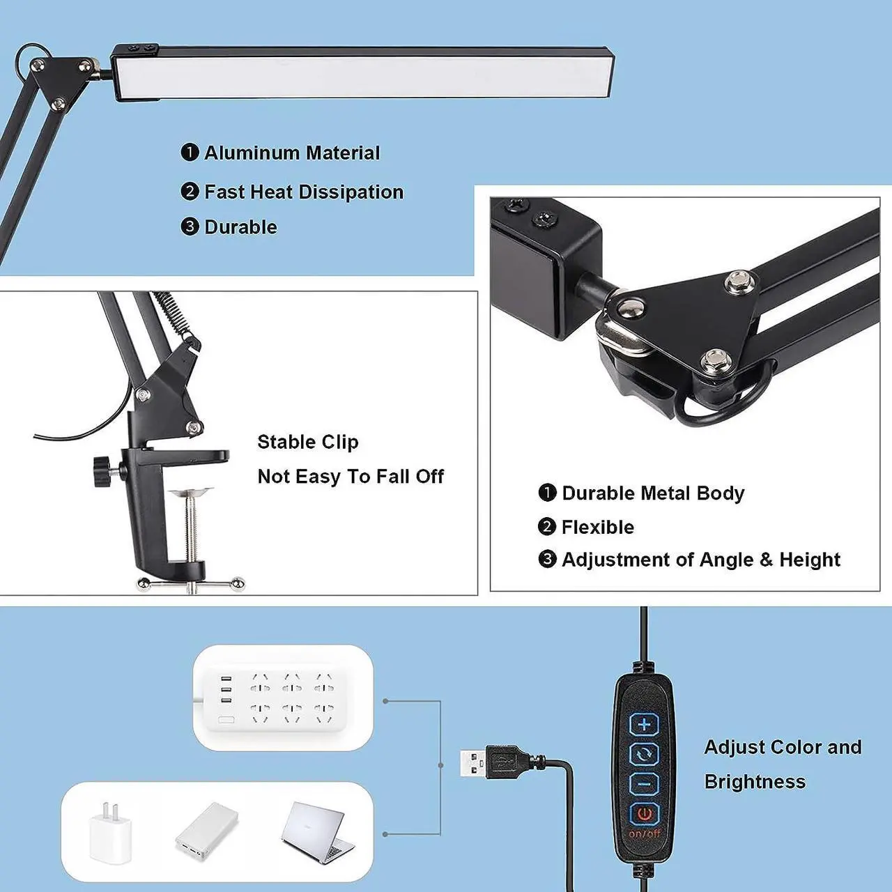 Alt view image 6 of 7 - LED Desk Lamp for Home,Office,Reading,Adjustable Eye-Caring Desk Light with Clamp,Swing Arm Lamp Includes 3 Color Modes,10 Brightness Levels Table Lamps with Memory Function