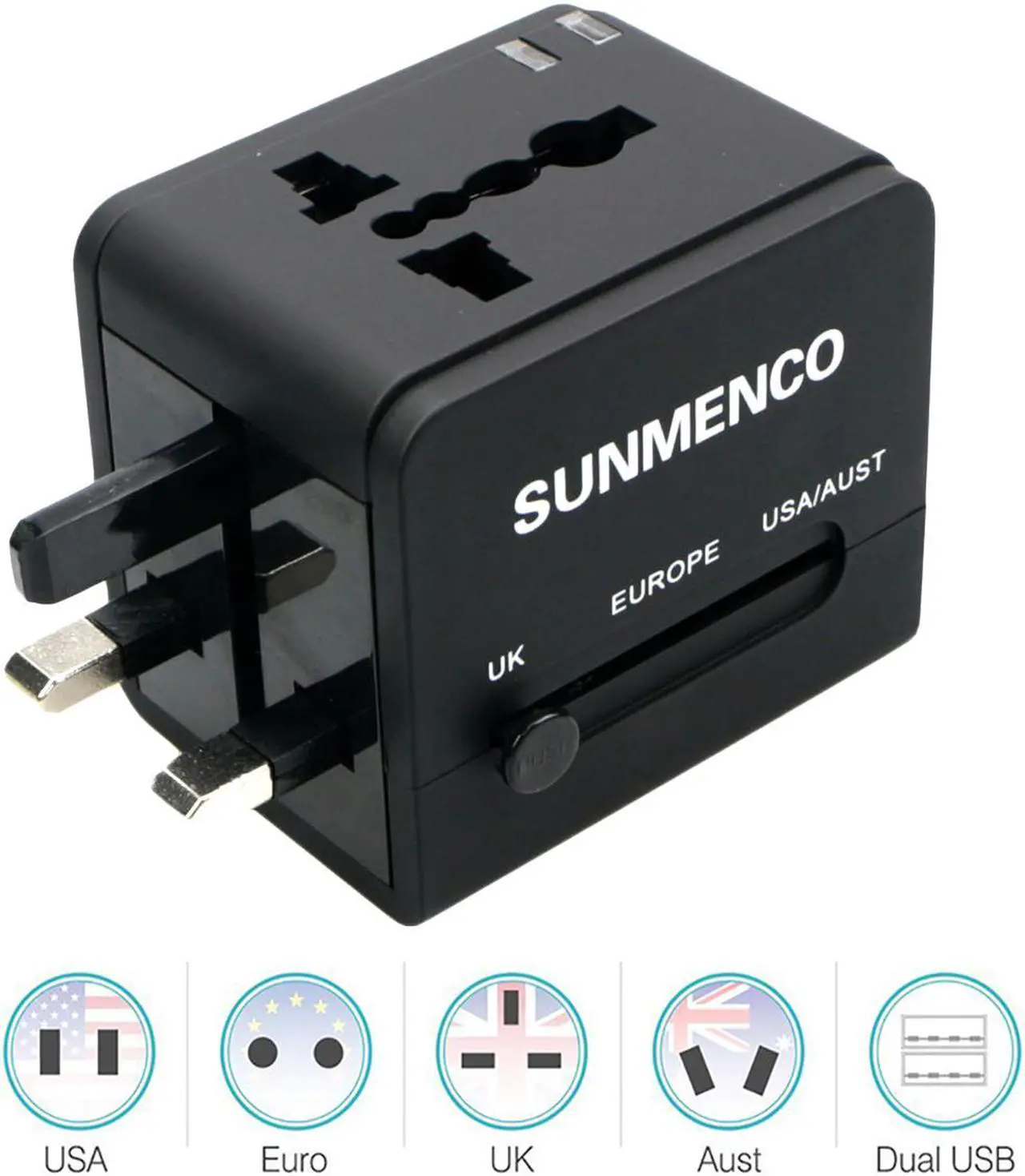 Main image of SUNMENCO All-In-One Worldwide Travel Plug Adapter International AC Power Adapter Safety Wall Charger & Converter (US/JP UK EU AU/CN) w/ 2 USB Charging Ports for iPhone 8 7 7s  x plus huawei Laptops