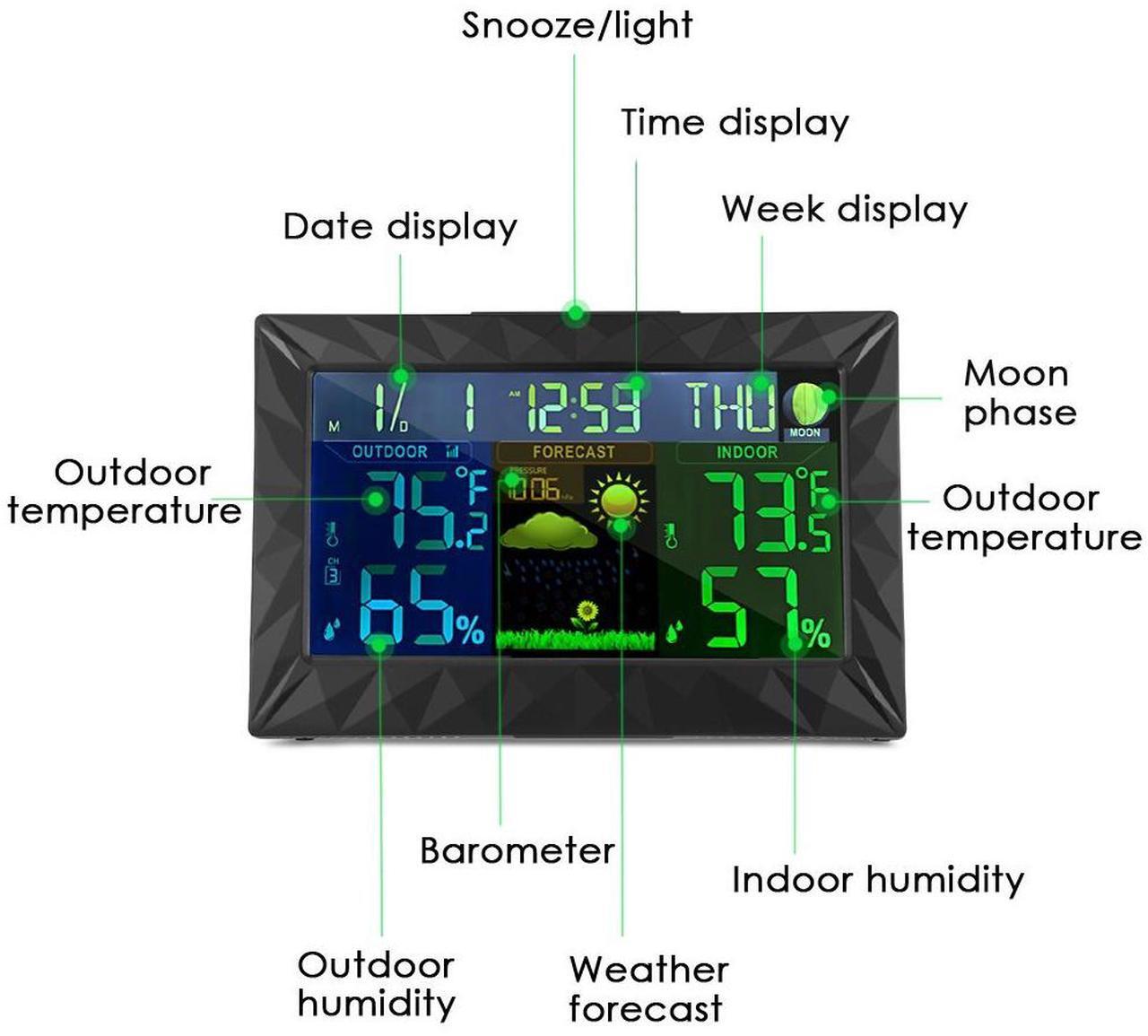 Alt view image 4 of 7 - Wireless Weather Station,Indoor Outdoor Backlight Temperature Humidity Monitor Forecast Stations Color Alarm Clock with Outdoor Remote Sensor