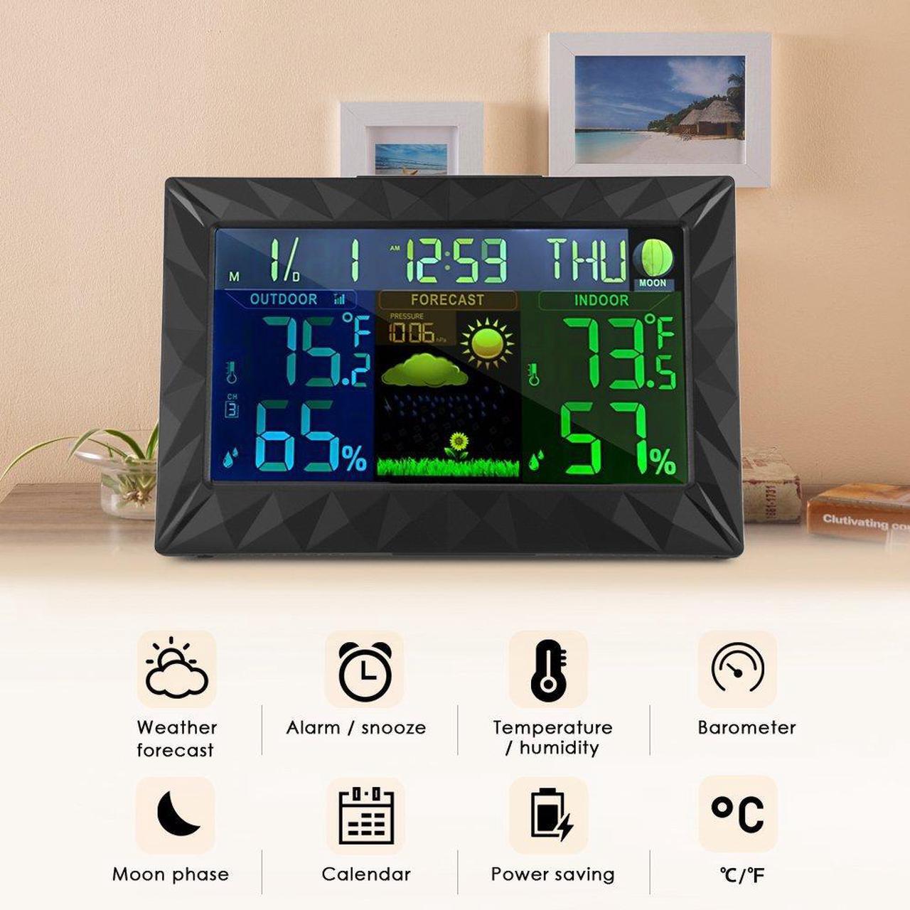 Alt view image 5 of 7 - Wireless Weather Station,Indoor Outdoor Backlight Temperature Humidity Monitor Forecast Stations Color Alarm Clock with Outdoor Remote Sensor