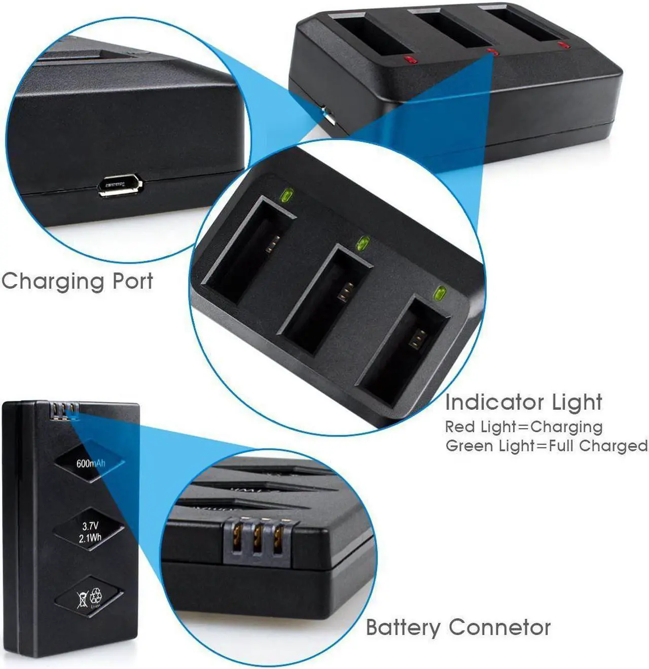Alt view image 2 of 7 - Battery for Parrot Mini Drone 3-Pack 3.7V 600mAh 20C Li-po Battery with 3-Port Rapid Charger Circuit Protective IC for Parrot MiniDrone Jumping Sumo Swing Mambo Rolling Spider