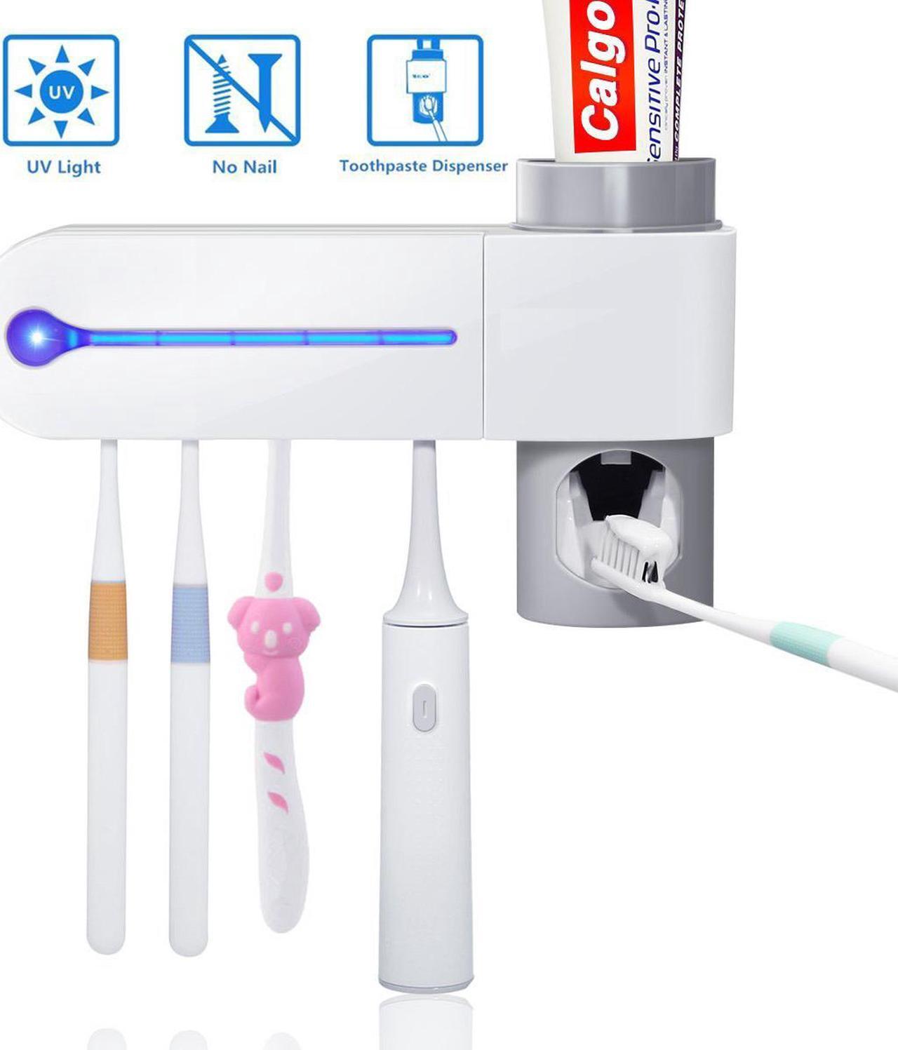 Main image of UV Toothbrush Holder, Automatic Toothpaste Dispenser + 5 Toothbrush Sterilizer Holder Wall Mounted with Sticker for Oral-B Toothbrush Women Kids Baby Bathroom