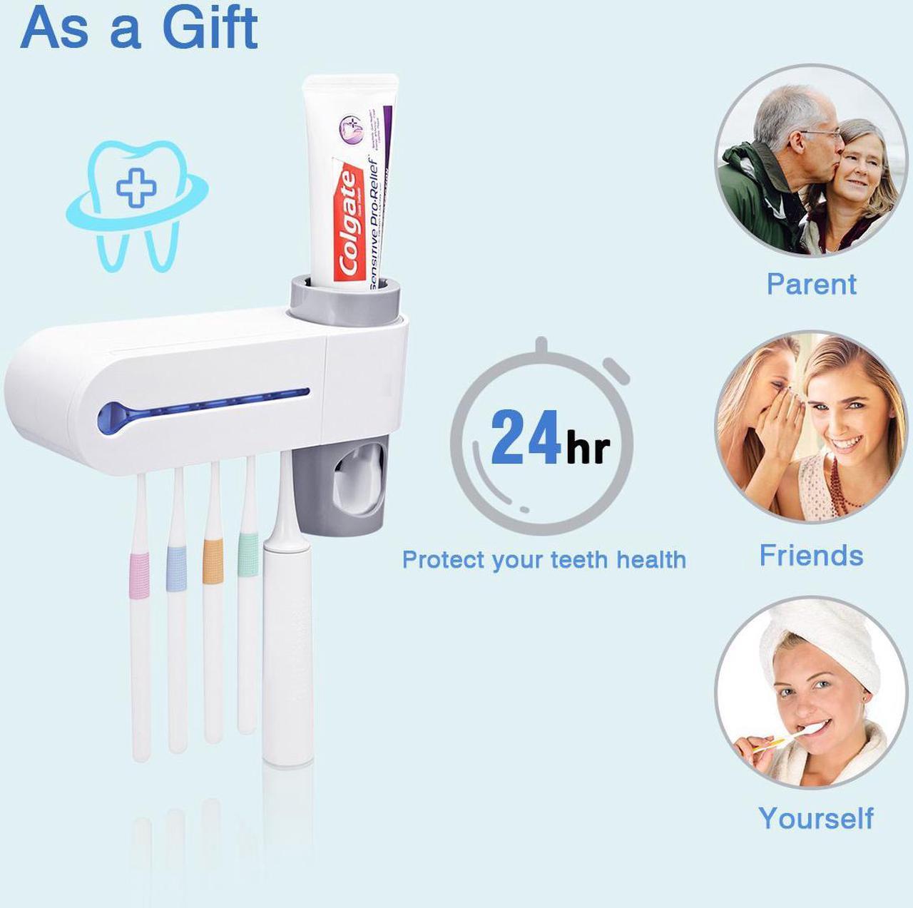 Alt view image 3 of 7 - UV Toothbrush Holder, Automatic Toothpaste Dispenser + 5 Toothbrush Sterilizer Holder Wall Mounted with Sticker for Oral-B Toothbrush Women Kids Baby Bathroom