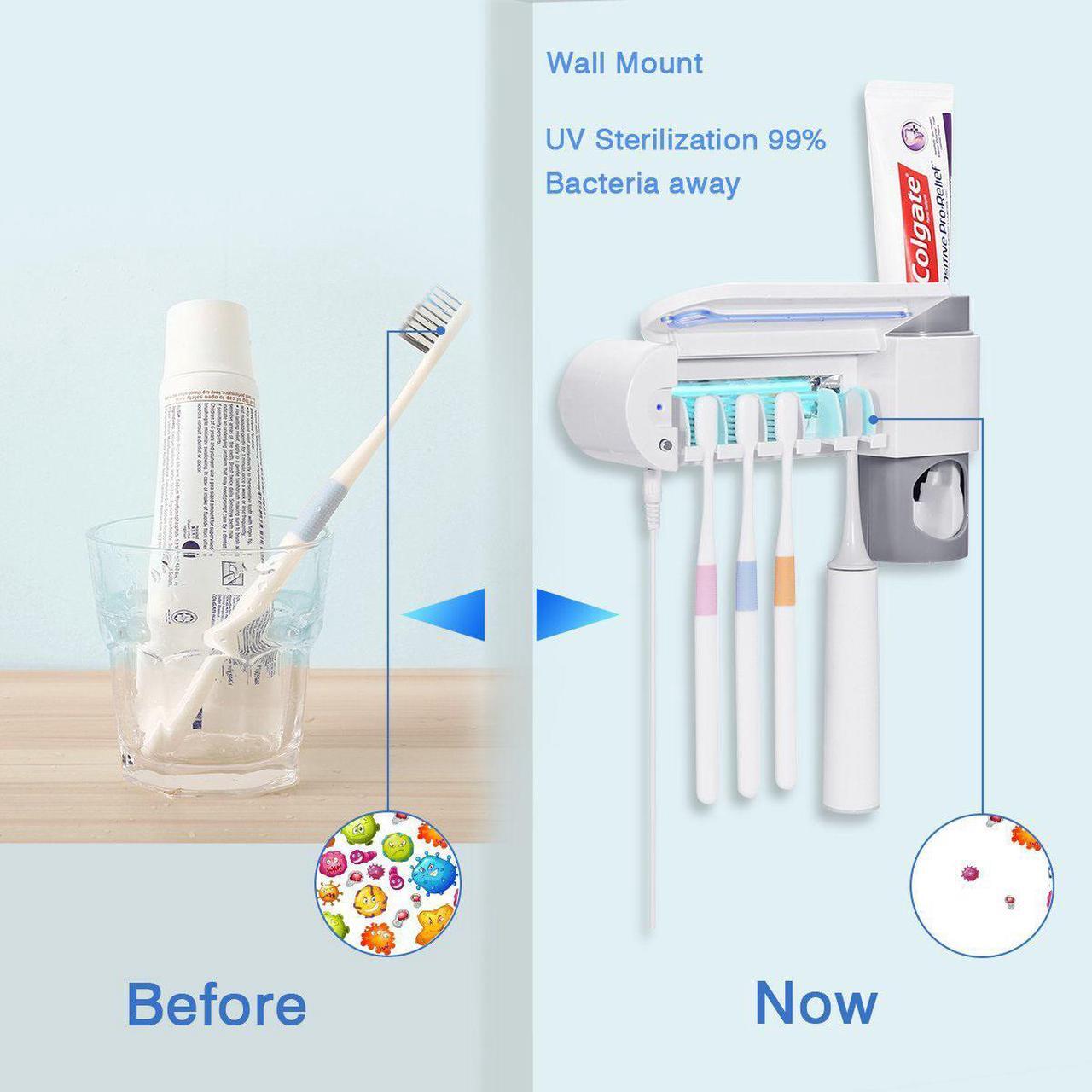 Alt view image 4 of 7 - UV Toothbrush Holder, Automatic Toothpaste Dispenser + 5 Toothbrush Sterilizer Holder Wall Mounted with Sticker for Oral-B Toothbrush Women Kids Baby Bathroom