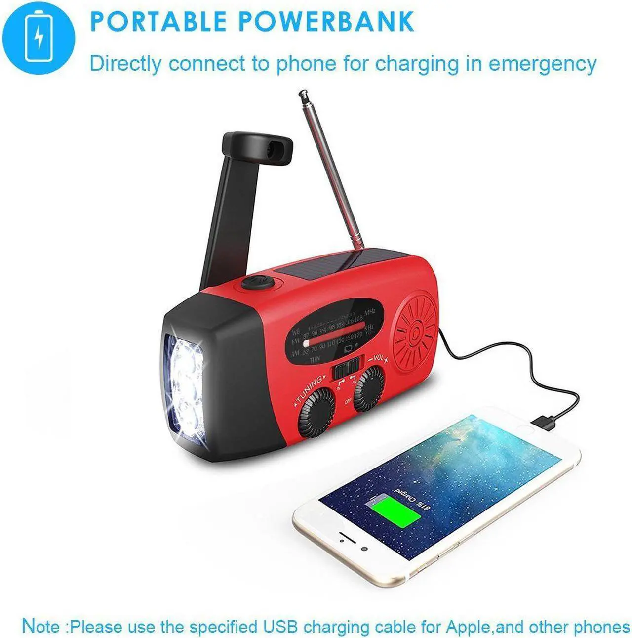Alt view image 5 of 7 - Multifunctional Solar Hand Crank Dynamo Self Powered AM/FM/NOAA Weather Radio Use As Emergency LED Flashlight and Power Bank