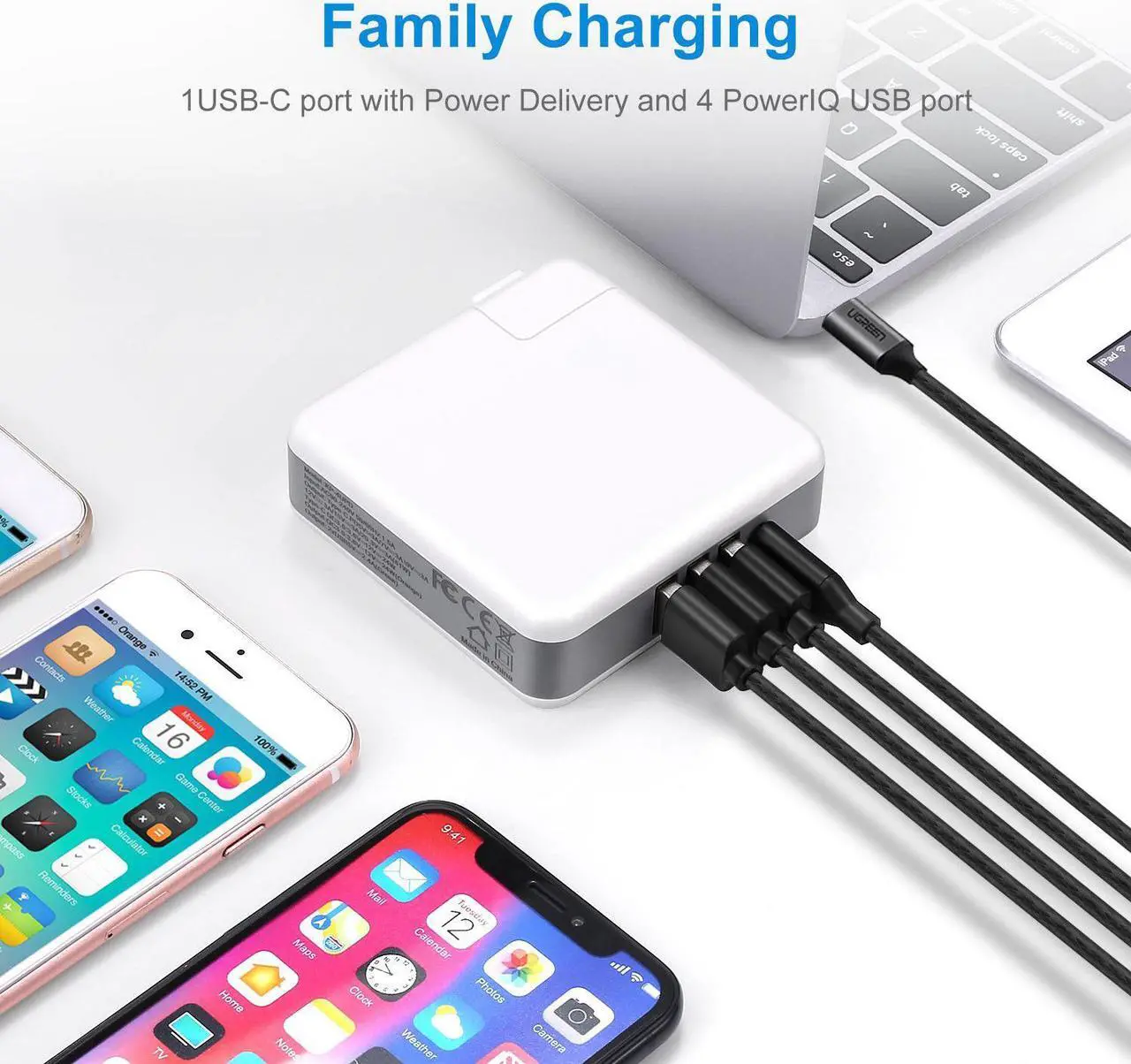 Alt view image 6 of 7 - USB C Power Adapter Charger 61W 4-Port USB Type C Wall Charger Station with Power Delivery Port for Apple MacBook, iPhone X 8 Plus and 3 Power iSmart Ports for iPhone, iPad and More
