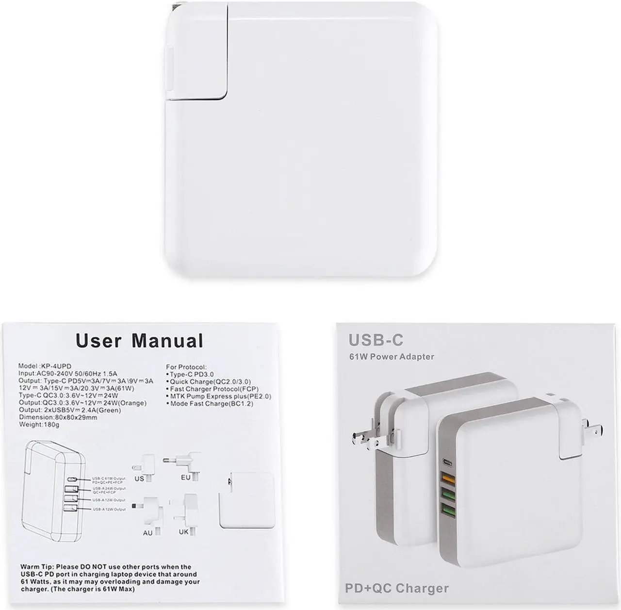 Alt view image 5 of 7 - USB C Power Adapter Charger 61W 4-Port USB Type C Wall Charger Station with Power Delivery Port for Apple MacBook, iPhone X 8 Plus and 3 Power iSmart Ports for iPhone, iPad and More