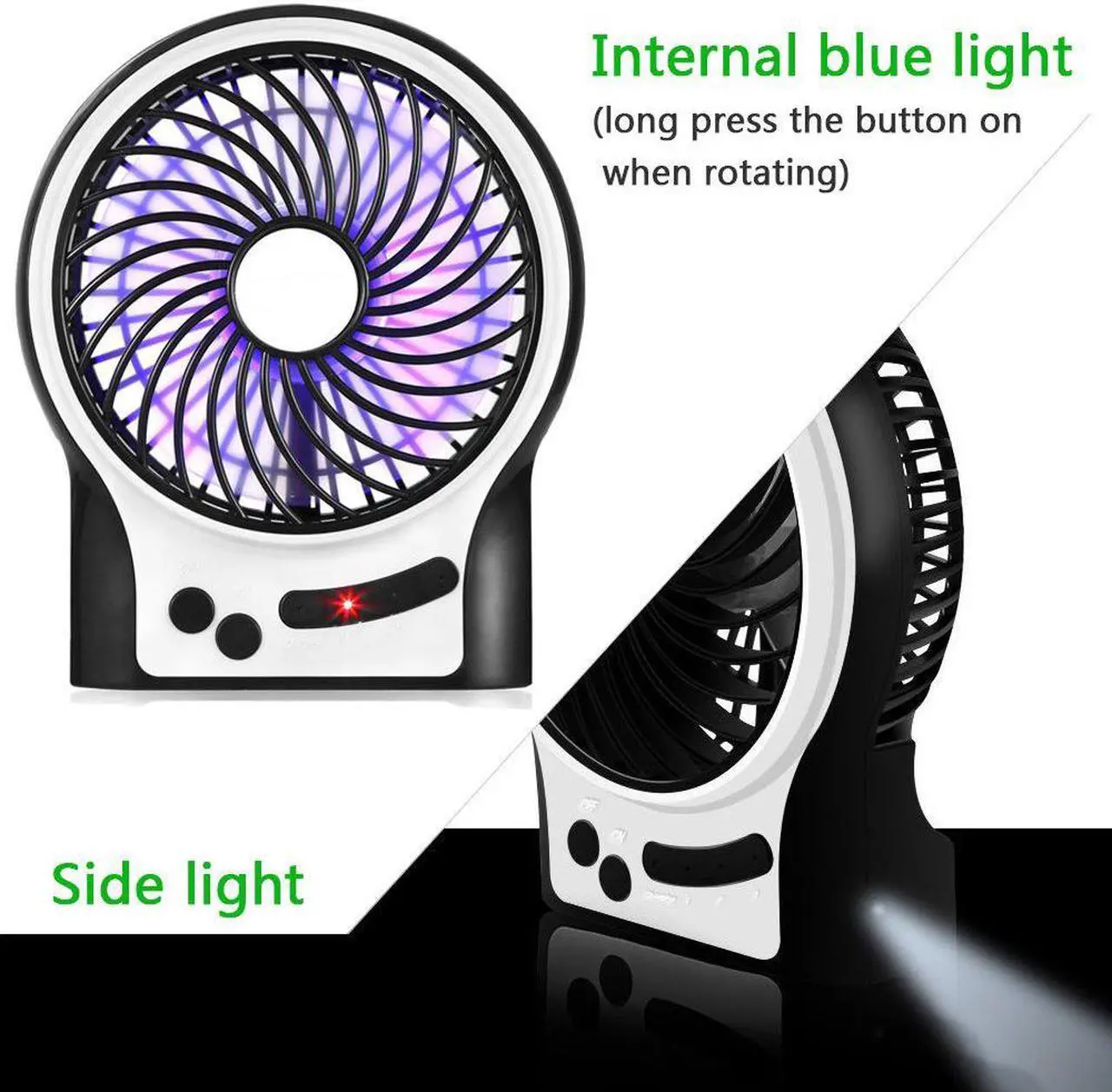 Alt view image 5 of 7 - Battery Operated Fan 2-12 Working Hours Personal Handheld Rechargeable Portable Fan 3 Speeds Small Desk Fan with Internal and Side Light Cooling for Travel Camping Boating Fishing
