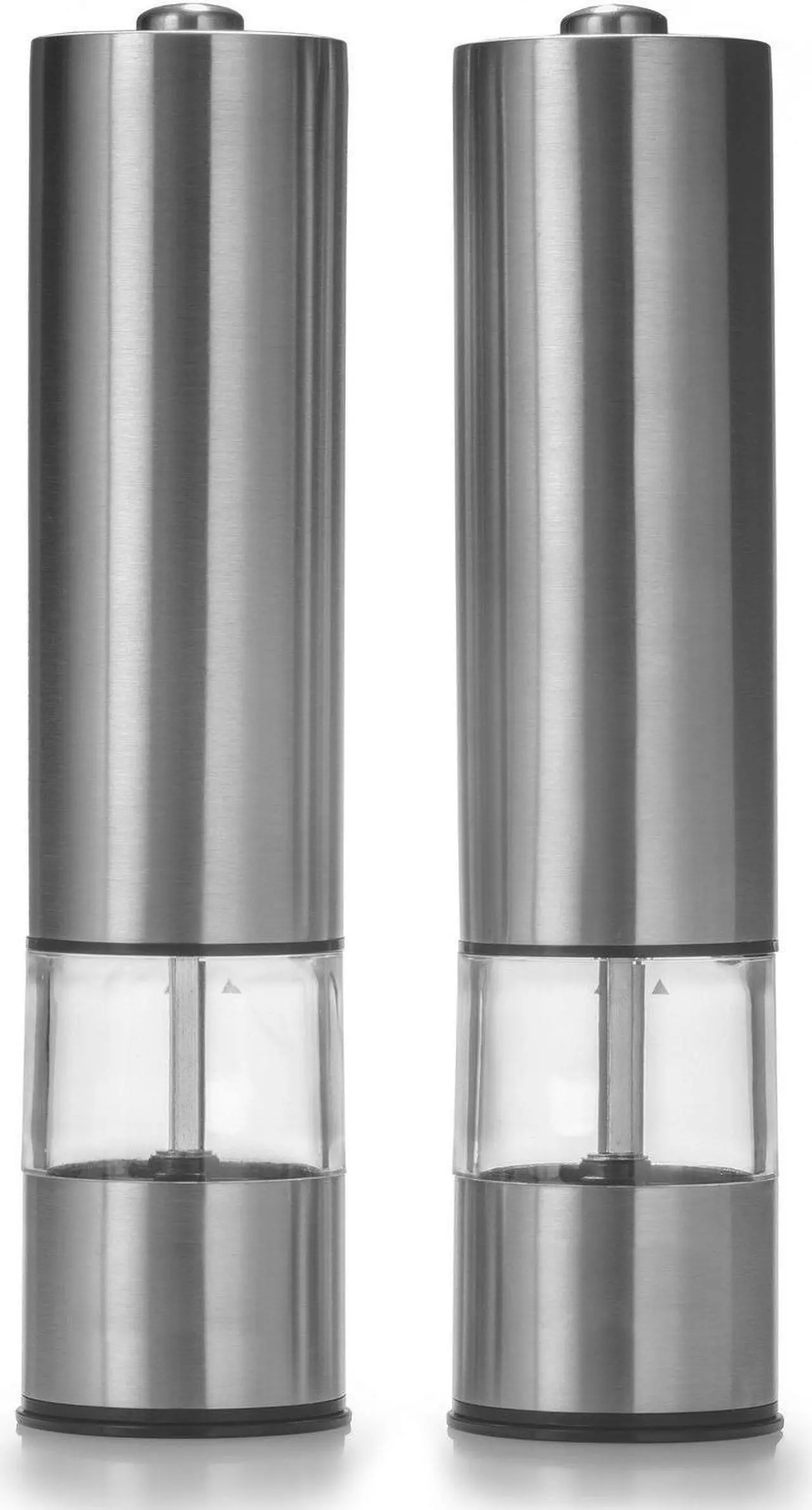 Alt view image 4 of 7 - Electric Salt and Pepper Grinder Set | Battery Operated Stainless Steel Grinders (Pack of 2) | Automatic Mills with LED Light and Caps at Bottom | Electronic Adjustable Shakers