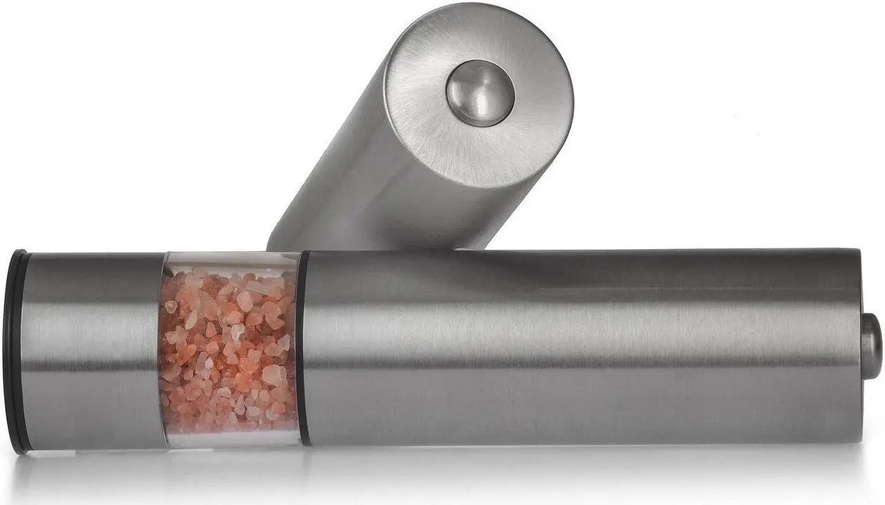 Alt view image 6 of 7 - Electric Salt and Pepper Grinder Set | Battery Operated Stainless Steel Grinders (Pack of 2) | Automatic Mills with LED Light and Caps at Bottom | Electronic Adjustable Shakers