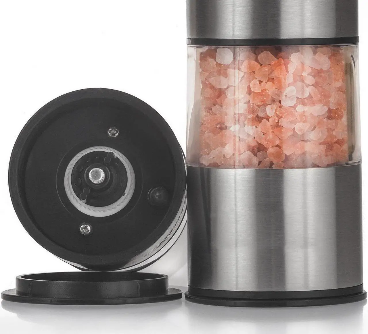 Alt view image 2 of 7 - Electric Salt and Pepper Grinder Set | Battery Operated Stainless Steel Grinders (Pack of 2) | Automatic Mills with LED Light and Caps at Bottom | Electronic Adjustable Shakers