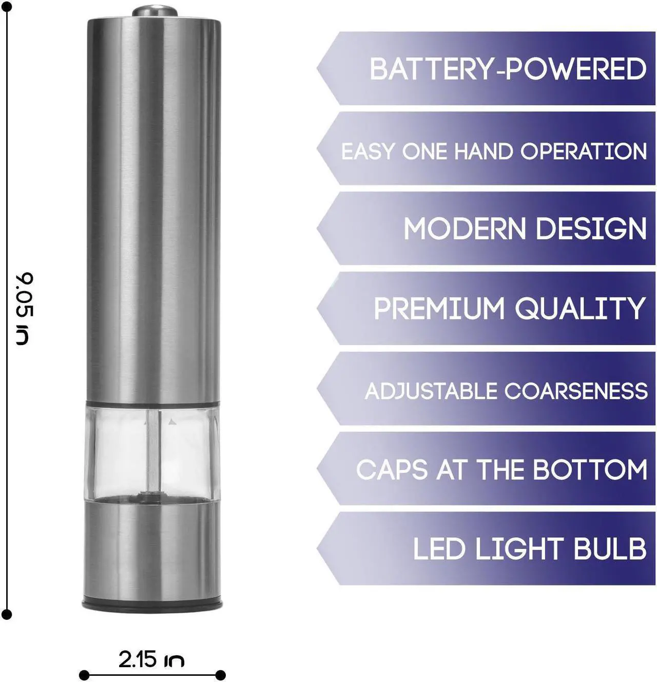 Alt view image 5 of 7 - Electric Salt and Pepper Grinder Set | Battery Operated Stainless Steel Grinders (Pack of 2) | Automatic Mills with LED Light and Caps at Bottom | Electronic Adjustable Shakers