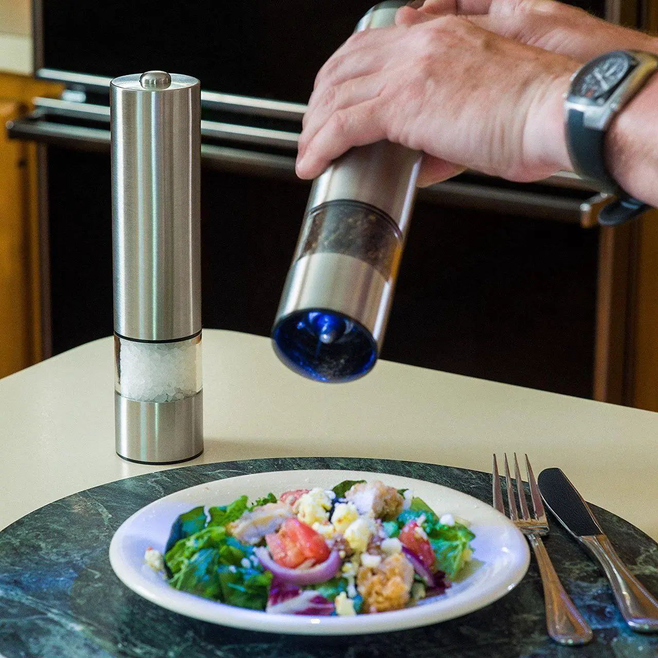 Alt view image 7 of 7 - Electric Salt and Pepper Grinder Set | Battery Operated Stainless Steel Grinders (Pack of 2) | Automatic Mills with LED Light and Caps at Bottom | Electronic Adjustable Shakers