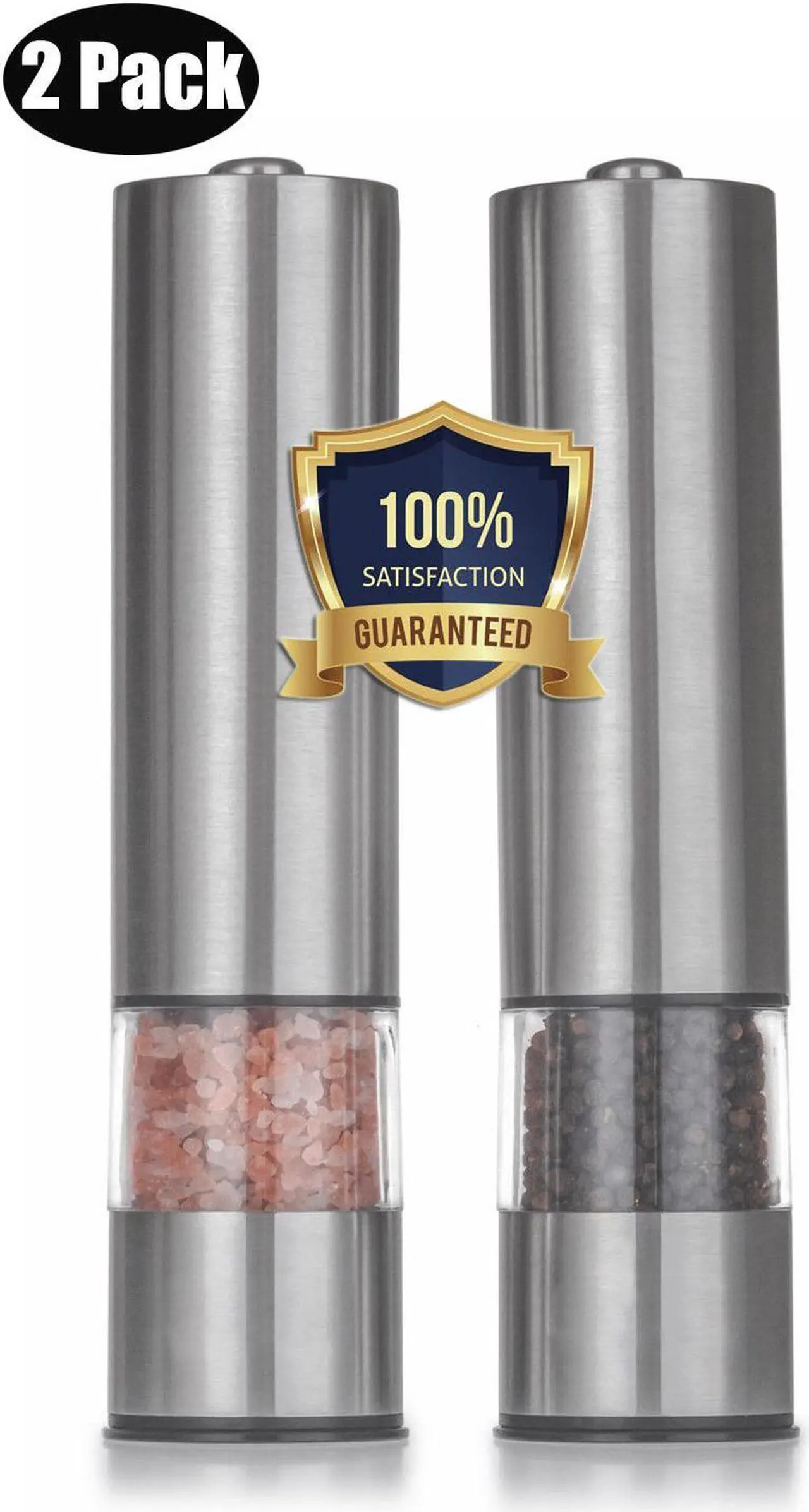 Main image of Electric Salt and Pepper Grinder Set | Battery Operated Stainless Steel Grinders (Pack of 2) | Automatic Mills with LED Light and Caps at Bottom | Electronic Adjustable Shakers