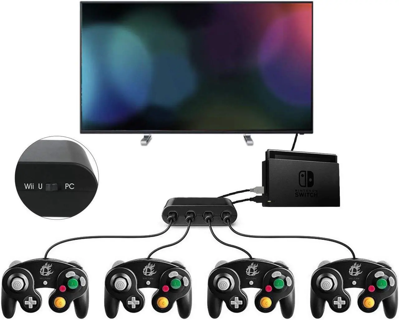 Alt view image 7 of 7 - Gamecube Controller Adapter for Wii u and 4 Port Black Super Smash Bros GameCube Adapter for Wii u PC USB Switch