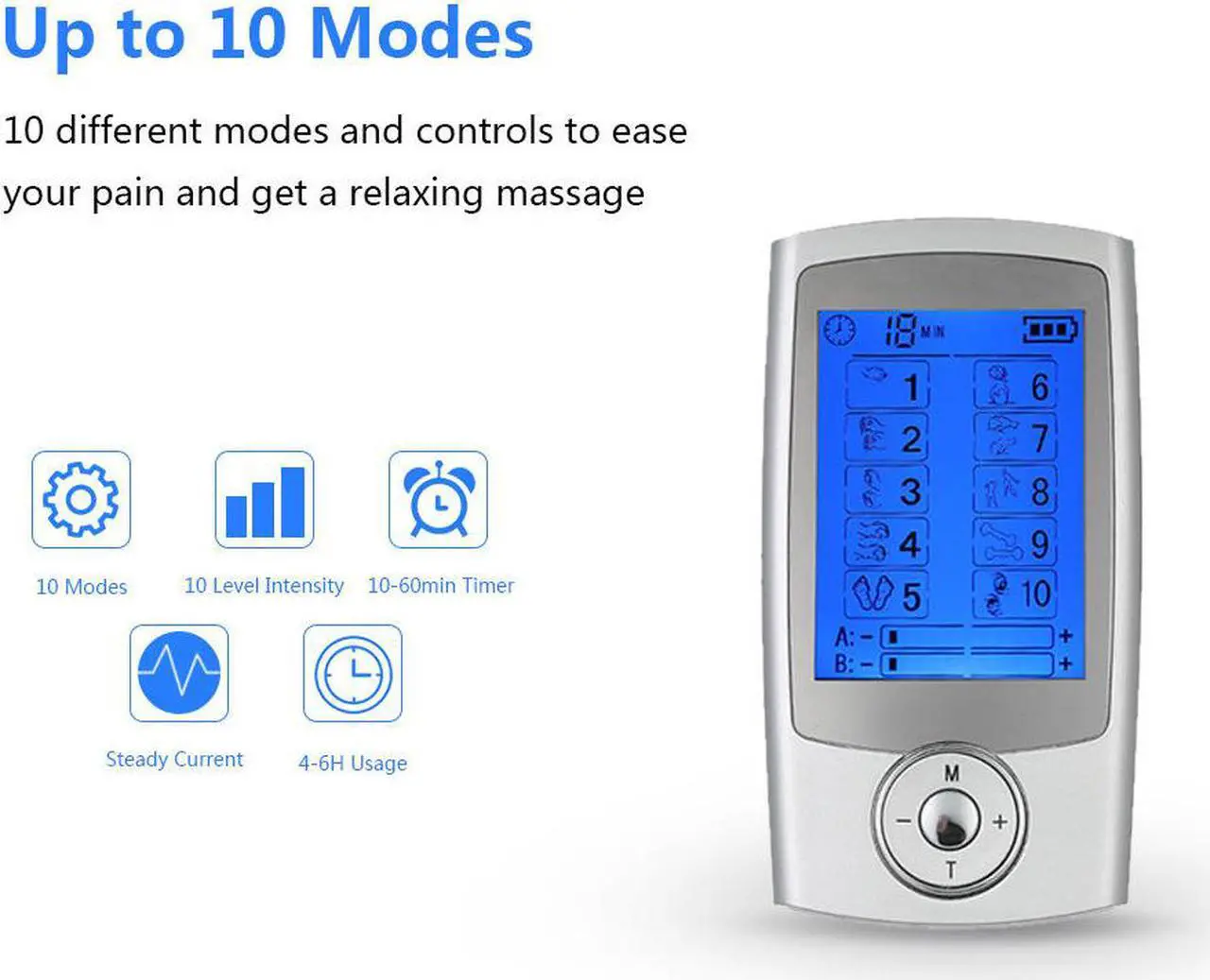 Alt view image 3 of 7 - Rechargeable TENS Unit Muscle Stimulator 10 Modes Pain Relief  EMS Machine Portable Pulse Massager with 4 Electrodes Pads