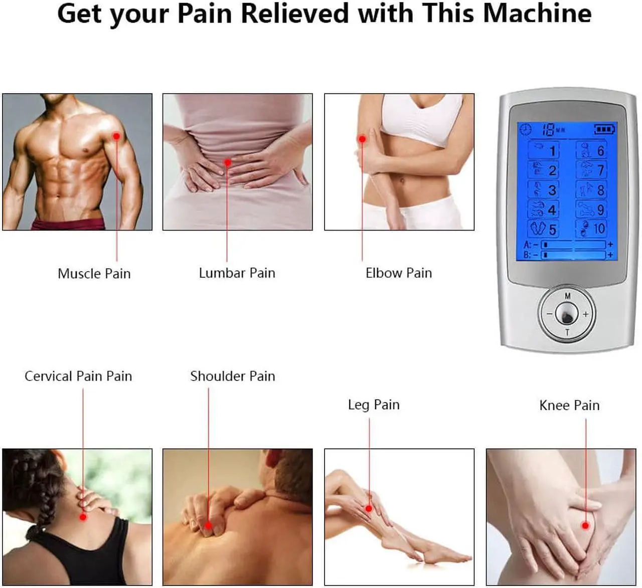 Alt view image 5 of 7 - Rechargeable TENS Unit Muscle Stimulator 10 Modes Pain Relief  EMS Machine Portable Pulse Massager with 4 Electrodes Pads
