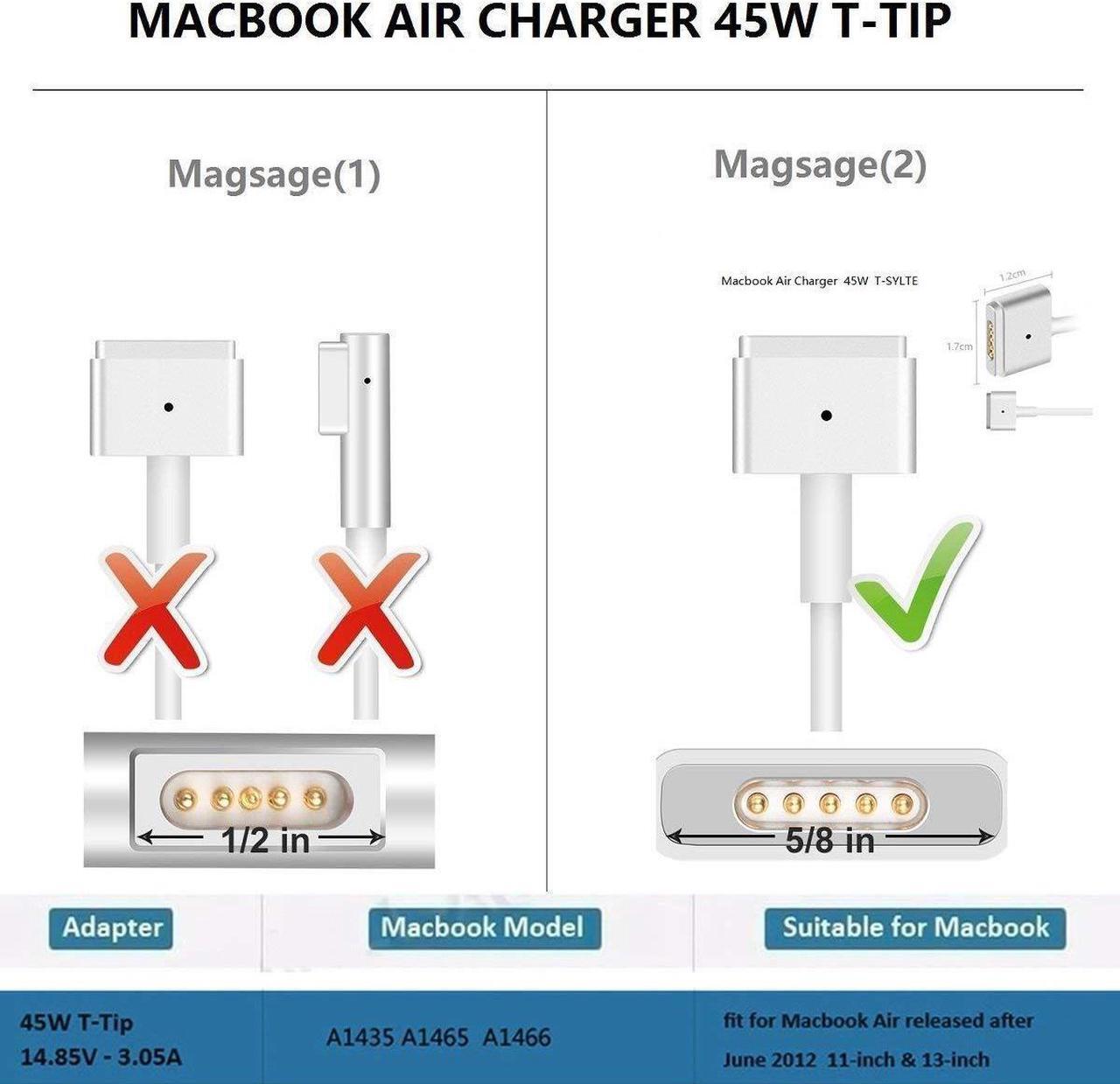 Alt view image 3 of 7 - Macbook Air Charger 45W MagSafe 2 Power Adapter Magnetic T-Tip AC Charger for Macbook Air 11 Inch and Macbook 13-inch