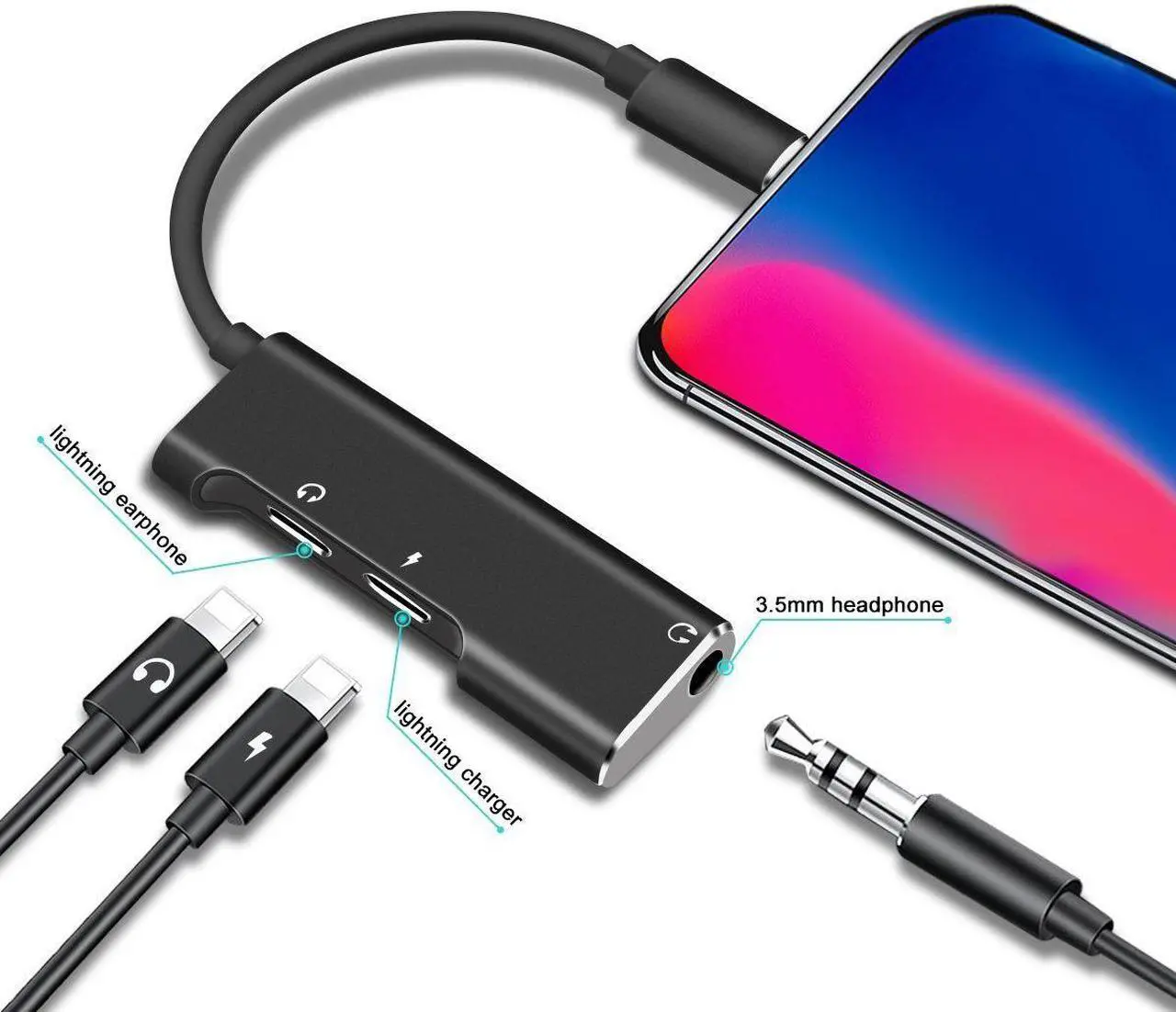 Alt view image 4 of 7 - For iPhone X 8 7 6 Plus Splitter Dual Lightning Adapter Headphone Audio Charger
