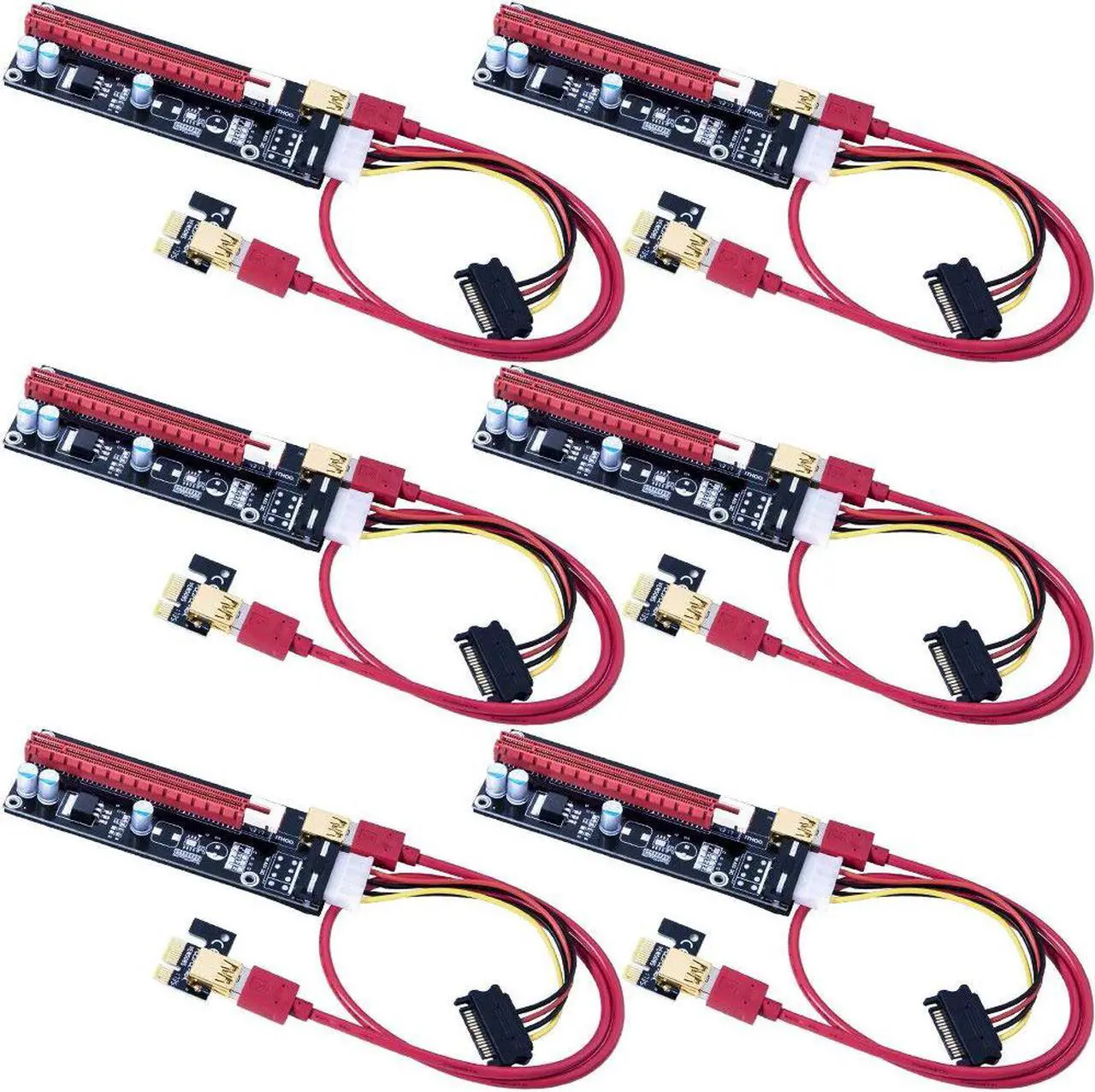 Main image of Werleo 6-Pack PCIe Riser Mining Card PCI-E 16x to 1x Powered Riser Adapter Card w/ 60cm USB 3.0 Extension Cable & MOLEX to SATA Power Cable - GPU Riser Adapter Extender Cable - Ethereum Mining ETH