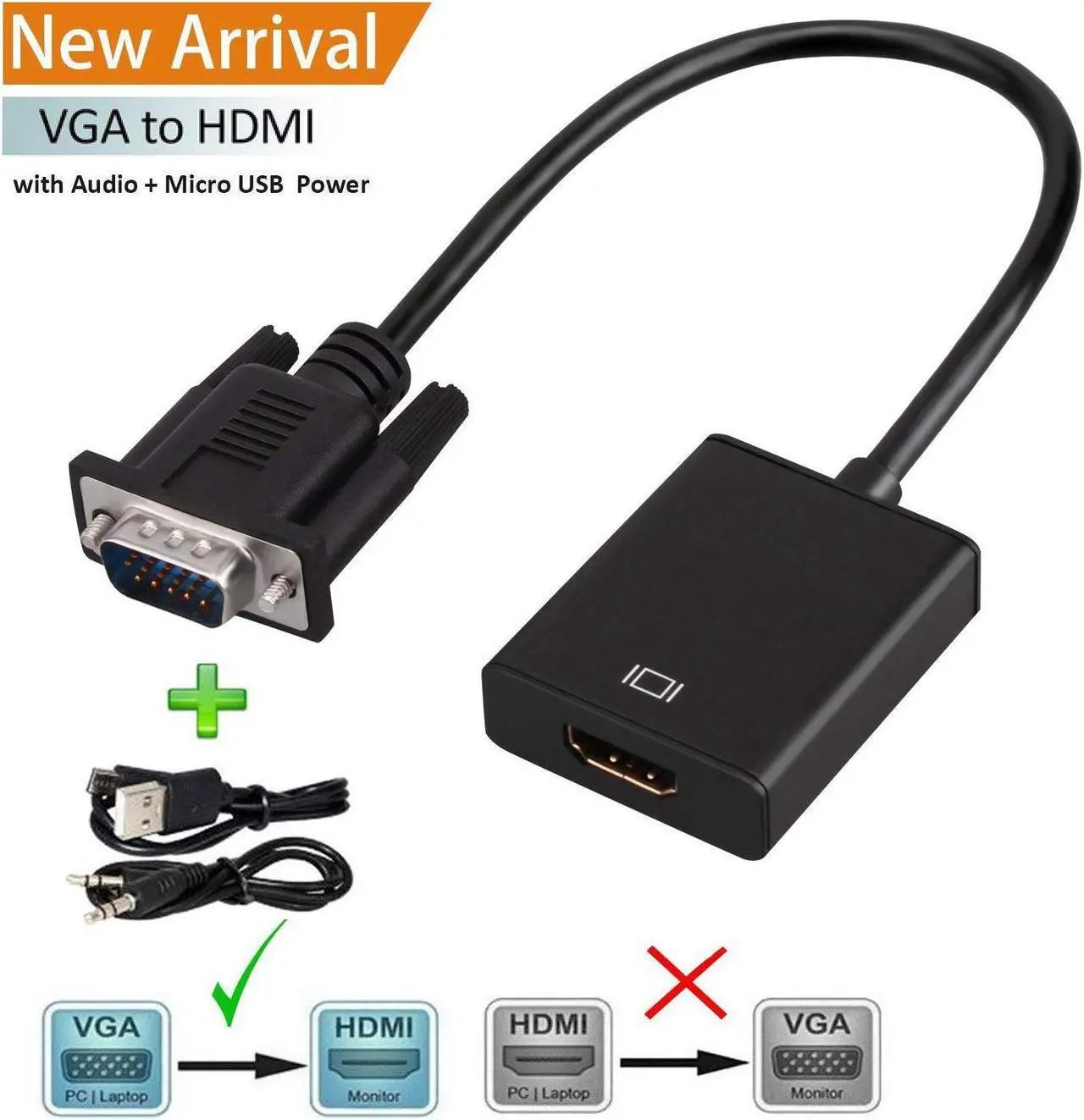 Main image of VGA to HDMI Werleo 1080P VGA to HDMI Adapter Male to Female for Computer Desktop Laptop PC Monitor Projector HDTV with Audio Cable and USB Cable Black