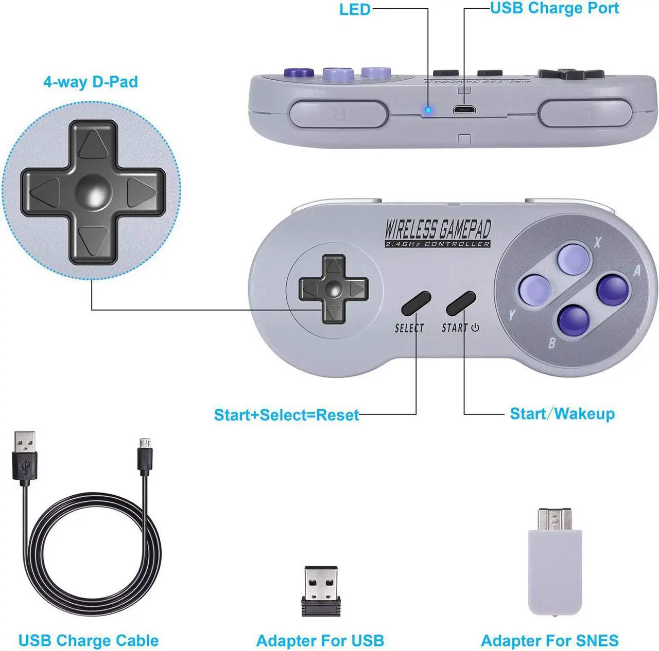Alt view image 2 of 7 - Werleo 2-Pack 2.4GHz Wireless Controller for SNES Classic Edition Rechargeable SNES Mini Wireless Gamepad with Retro USB Receiver for Super NES Classic Edition
