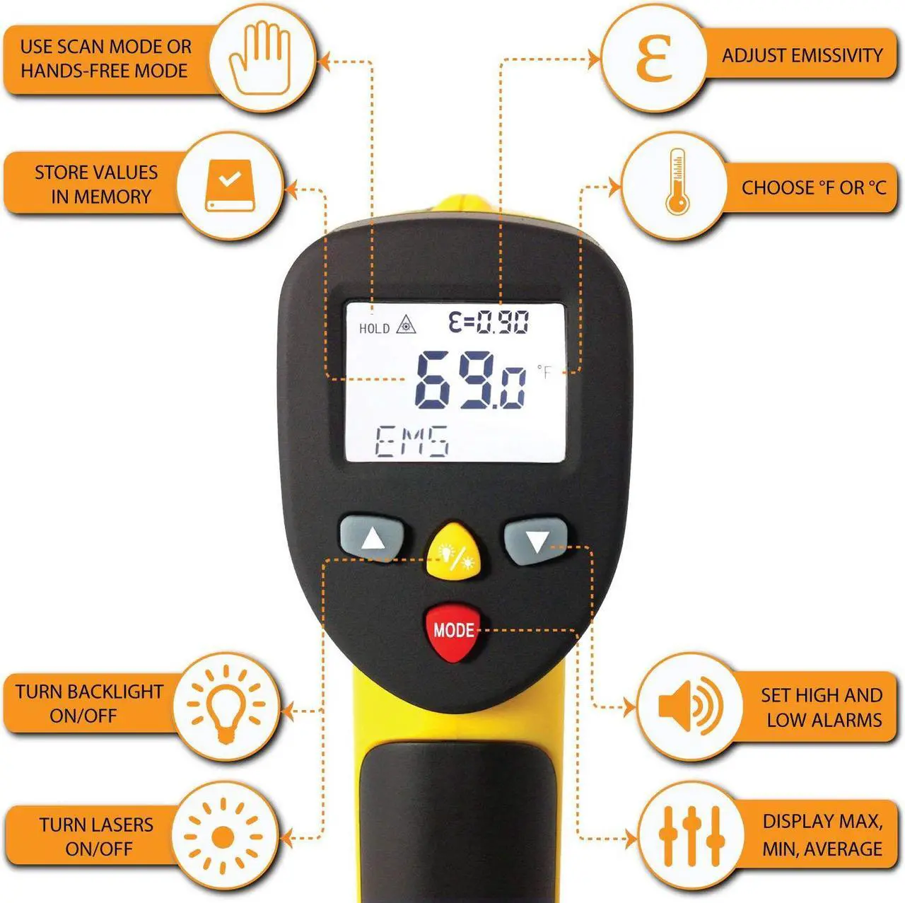Alt view image 3 of 7 - Infrared Thermometer Werleo Dual Laser Thermometer Temperature Gun Non-contact Accurate Digital IR Thermometer -58°F~1202°F / -50°C to 650°C Instant Read Handheld with Adjustable Emissivity