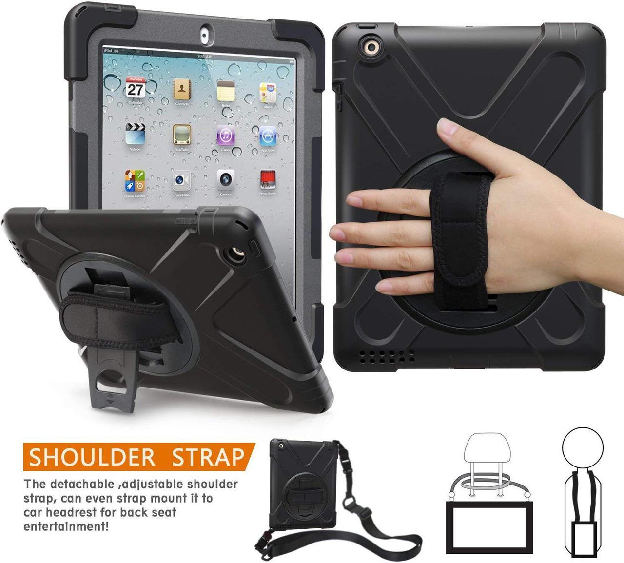 Main image of For iPad 2 3 4 Case Heavy Duty Caryying Rugged Protective Case With Handle Hand Grip Shoulder Strap 360 Degree Stand For Kids Girl Boy Apple iPad 2nd 3rd 4th Generation Case Cover
