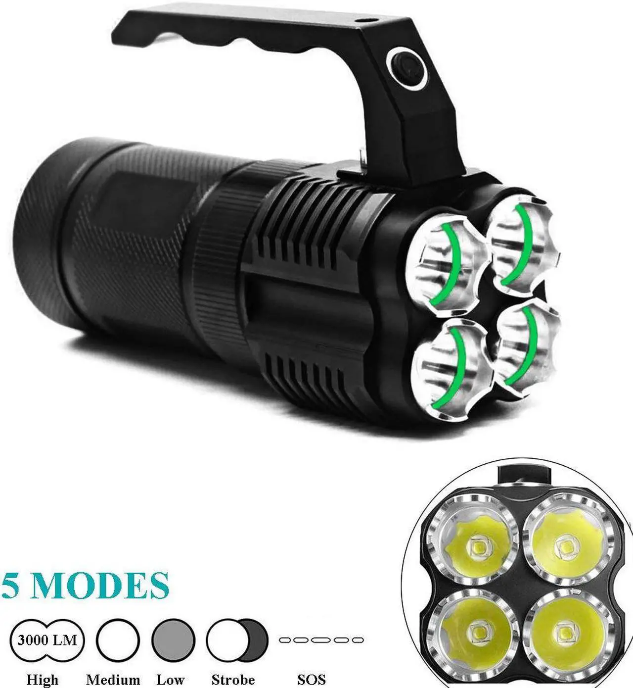 Main image of Werleo 3000 Lumens High Power Tactical Handheld Flashlight Torch Rechargeable Waterproof CREE XML-T2 Bright LED Spotlight Searchlight Floodlight Light For Outdoor Camping Lantern Hiking Hunting Black