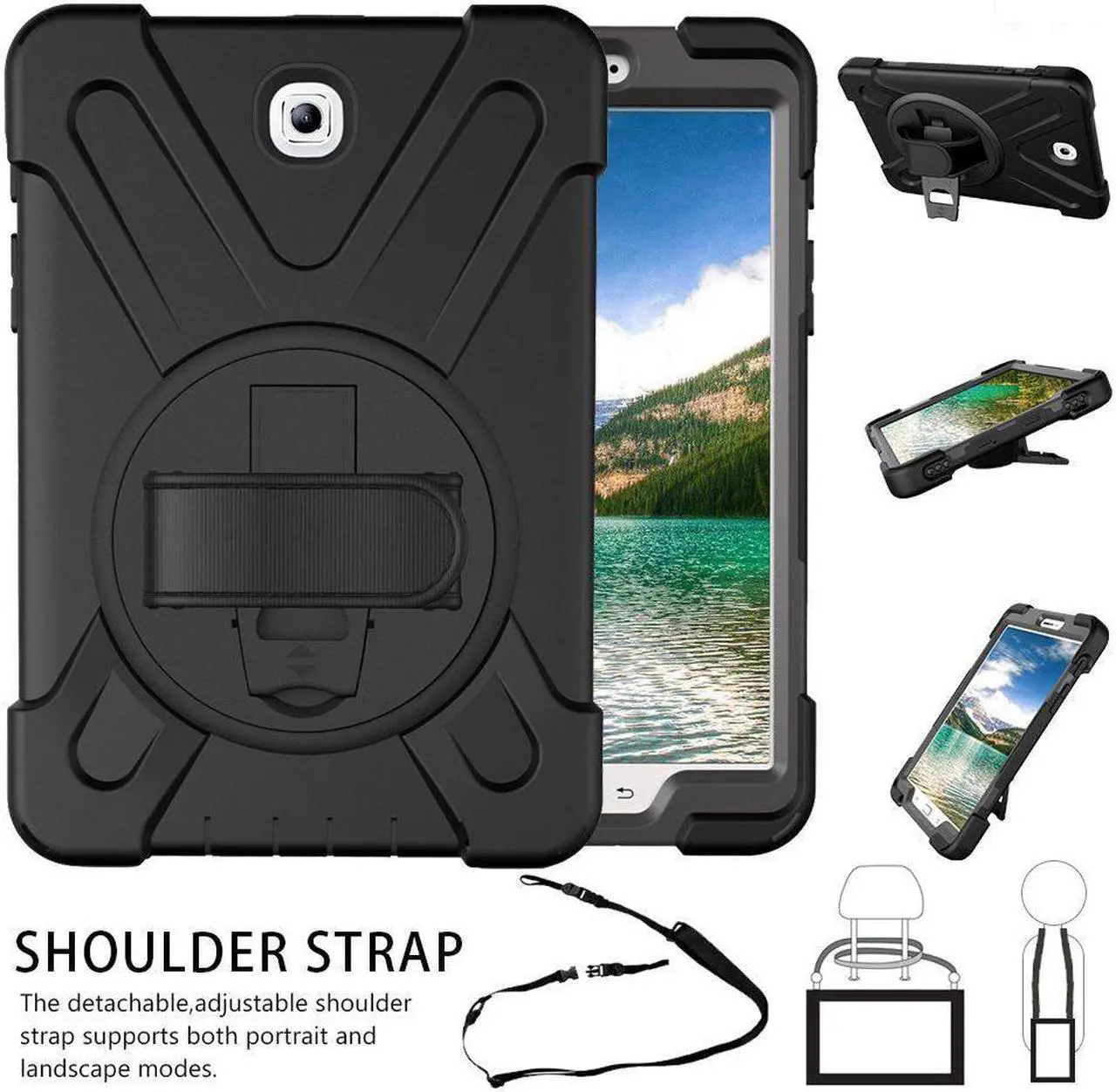 Main image of Samsung Galaxy Tab S2 8.0 Case Heavy Duty Full-Body Rugged Protective Case for Samsung Tab S2 8.0 inch Model SM-T710 SM-T715 SM-T713 Cover with 360 Degree Swivel Kickstand Hand Strap Shoulder Strap