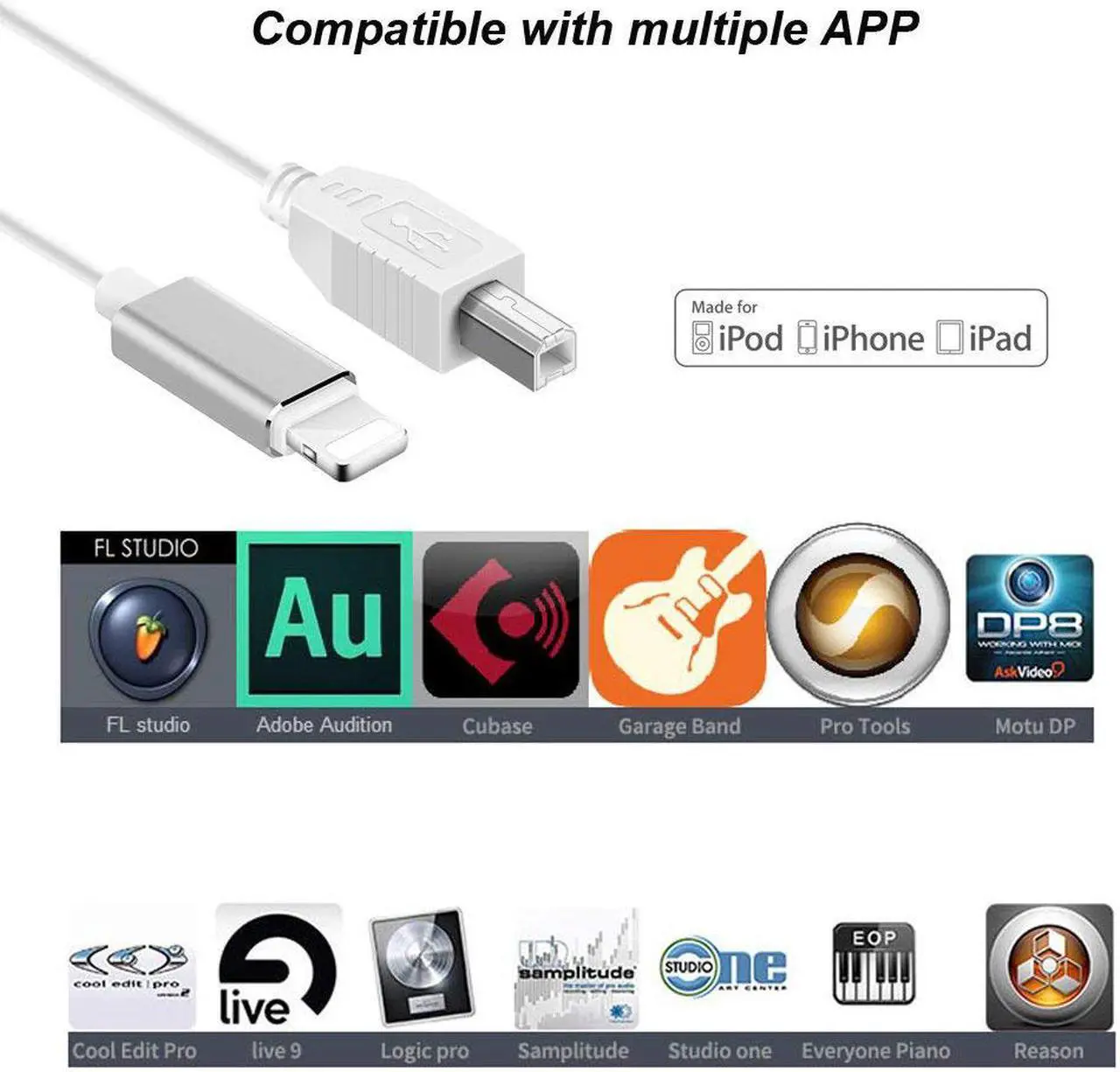 Alt view image 3 of 7 - Werleo 5FT Lightning to MIDI Cable Adapter USB 2.0 Interconnections Converter Midi Keyboard Electronic Instruments USB Microphone for iPhone 6 7 8 X iPad iPod Compatible with Multiple APPs