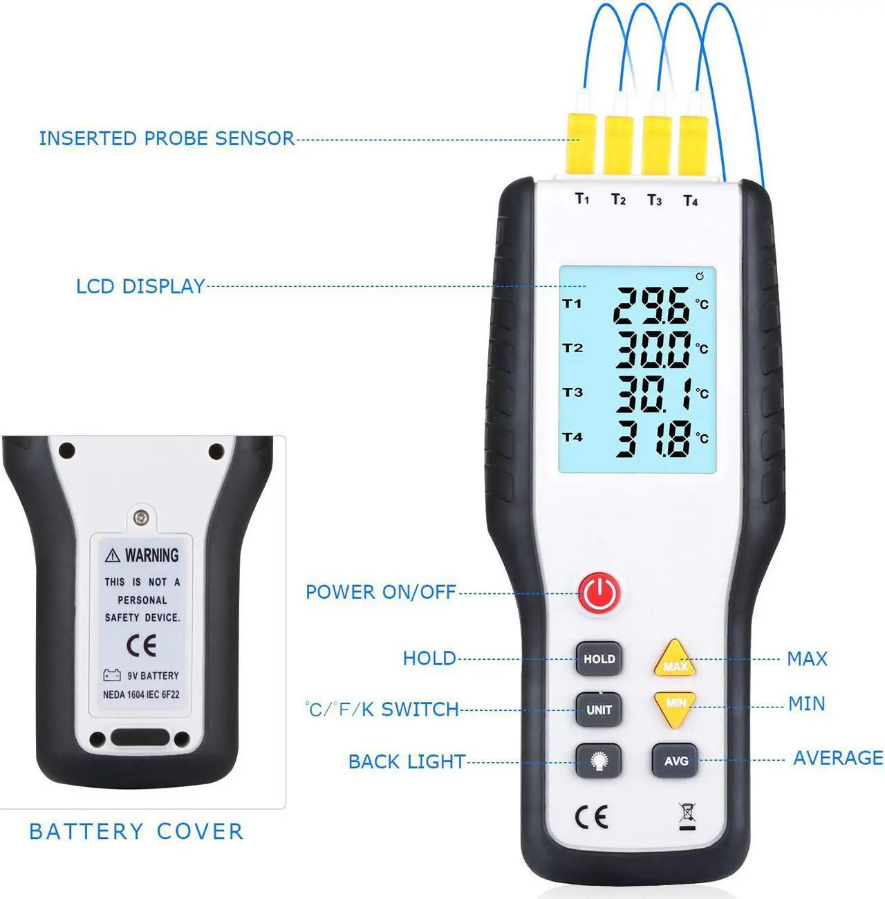 Alt view image 3 of 7 - Thermocouple Thermometer WERLEO 4 Channel K Type Digital Thermometer Thermocouple Digital Temperature Meter Tester  -200~1372°C / 2501°F Sensor