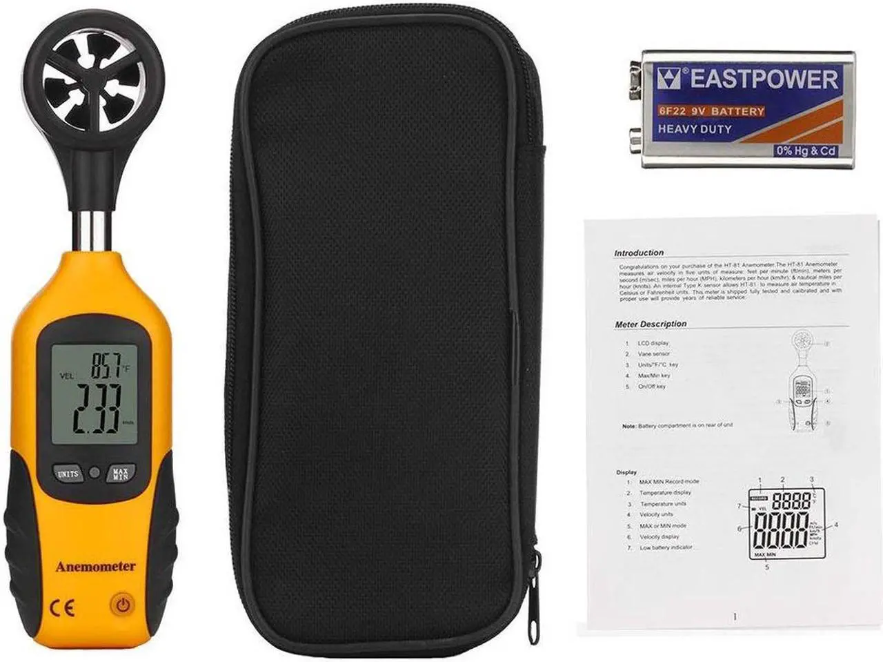Alt view image 3 of 7 - Anemometer Portable Wind Speed Meter Gauge Air Volume Speed Measuring Meter for Weather Data Collection and Outdoors Sports Windsurfing Kite Flying Sailing Temperature Thermometer