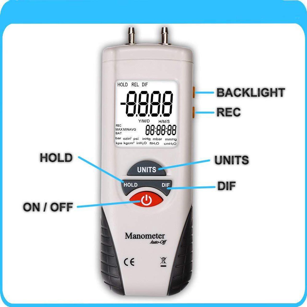 Alt view image 4 of 7 - Digital Manometer WERLEO Digital Air Pressure Meter and Differential Pressure Gauge HVAC Gas Pressure Tester Large LCD Display with Backlight - Battery Included