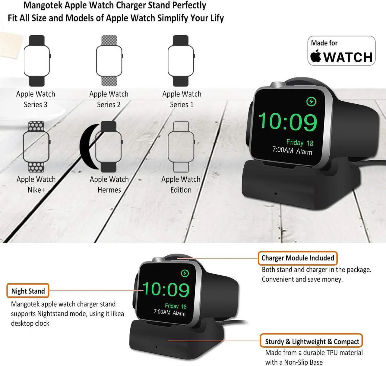 Alt view image 3 of 4 - Apple Watch Wireless Charger Stand Charging Station Dock with Built-in Magnetic Charging Cable and Nightstand Mode Compatible with Apple Watch Series 4 Series 3 Series 2 and Series 1