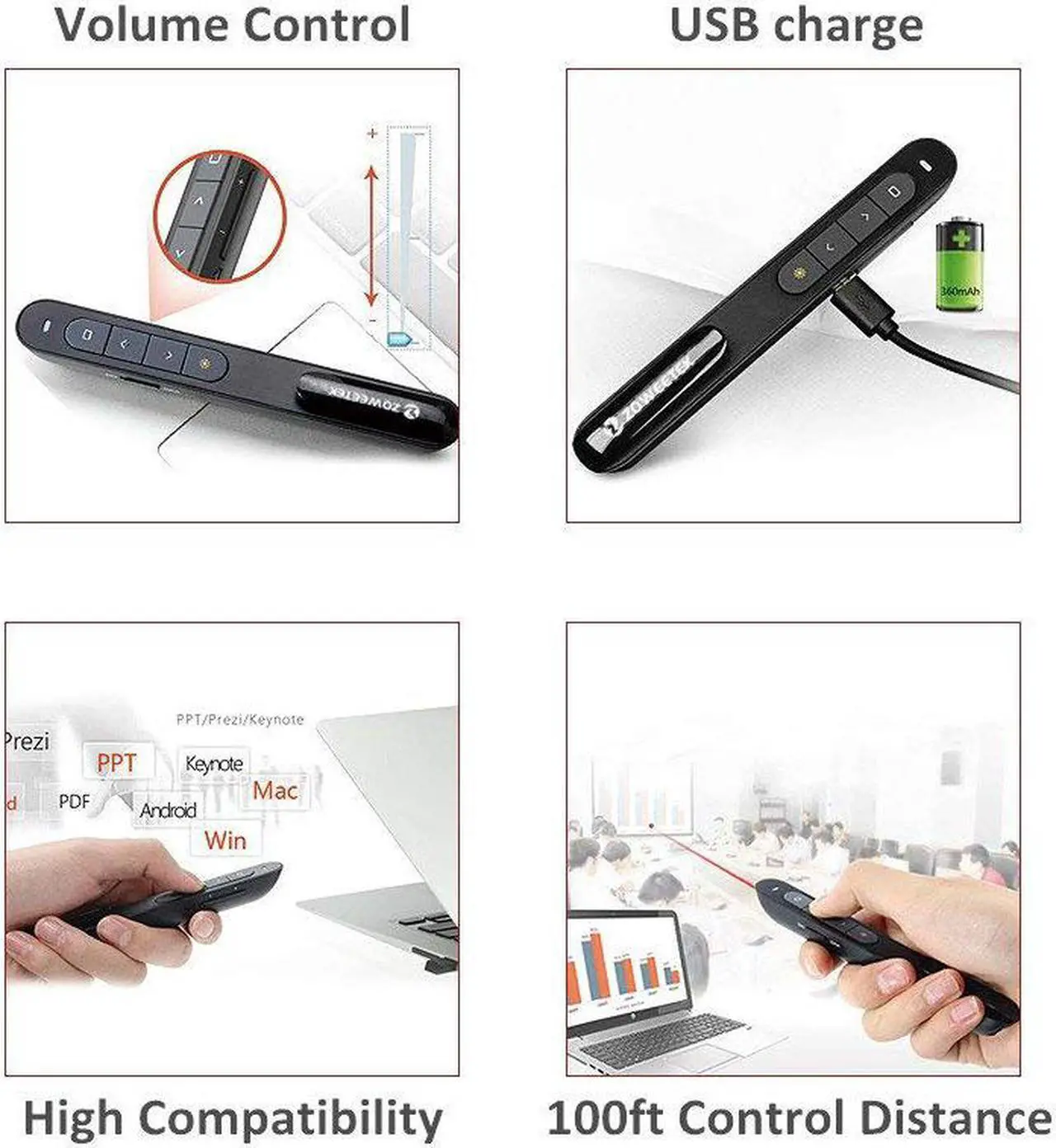 Alt view image 4 of 7 - Zoweetek Rechargeable Wireless Presenter PowerPoint Remote Clicker with Red Laser Pointer and Volume Control