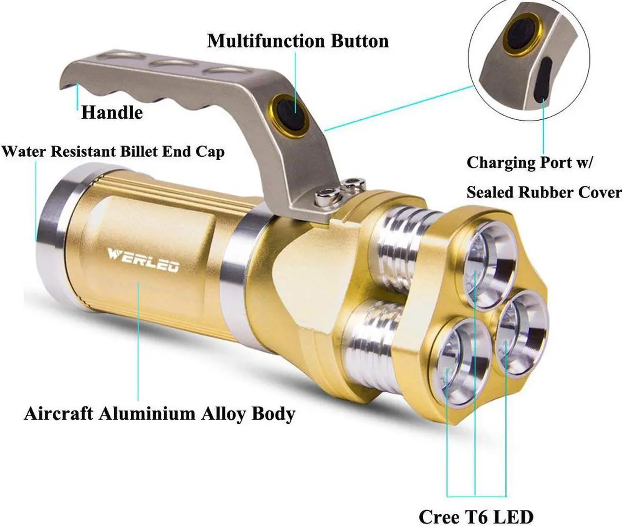 Alt view image 2 of 7 - Werleo Super Bright Rechargeable CREE T6 Tactical LED Flashlight Torch Outdoor Waterproof High Powered Handheld Spotlight Searchlight Dimmable Floodlight For Camping Lantern Hiking Hunting Emergency