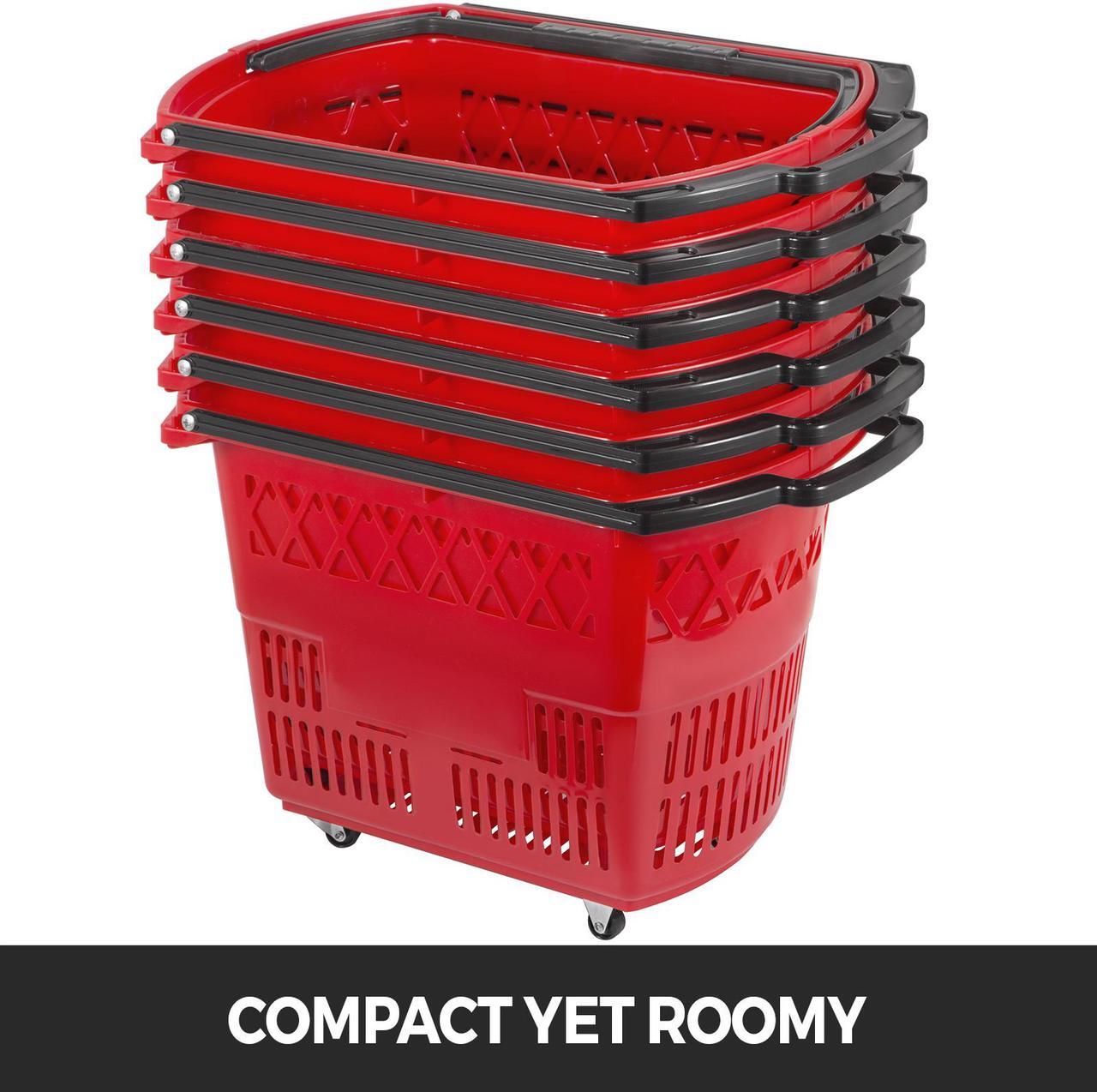 Alt view image 4 of 10 - VEVOR 6PCS Shopping Carts, Plastic Rolling Shopping Basket with Wheels, Red Shopping Baskets with Handles, Portable Shopping Basket Set for Retail Store