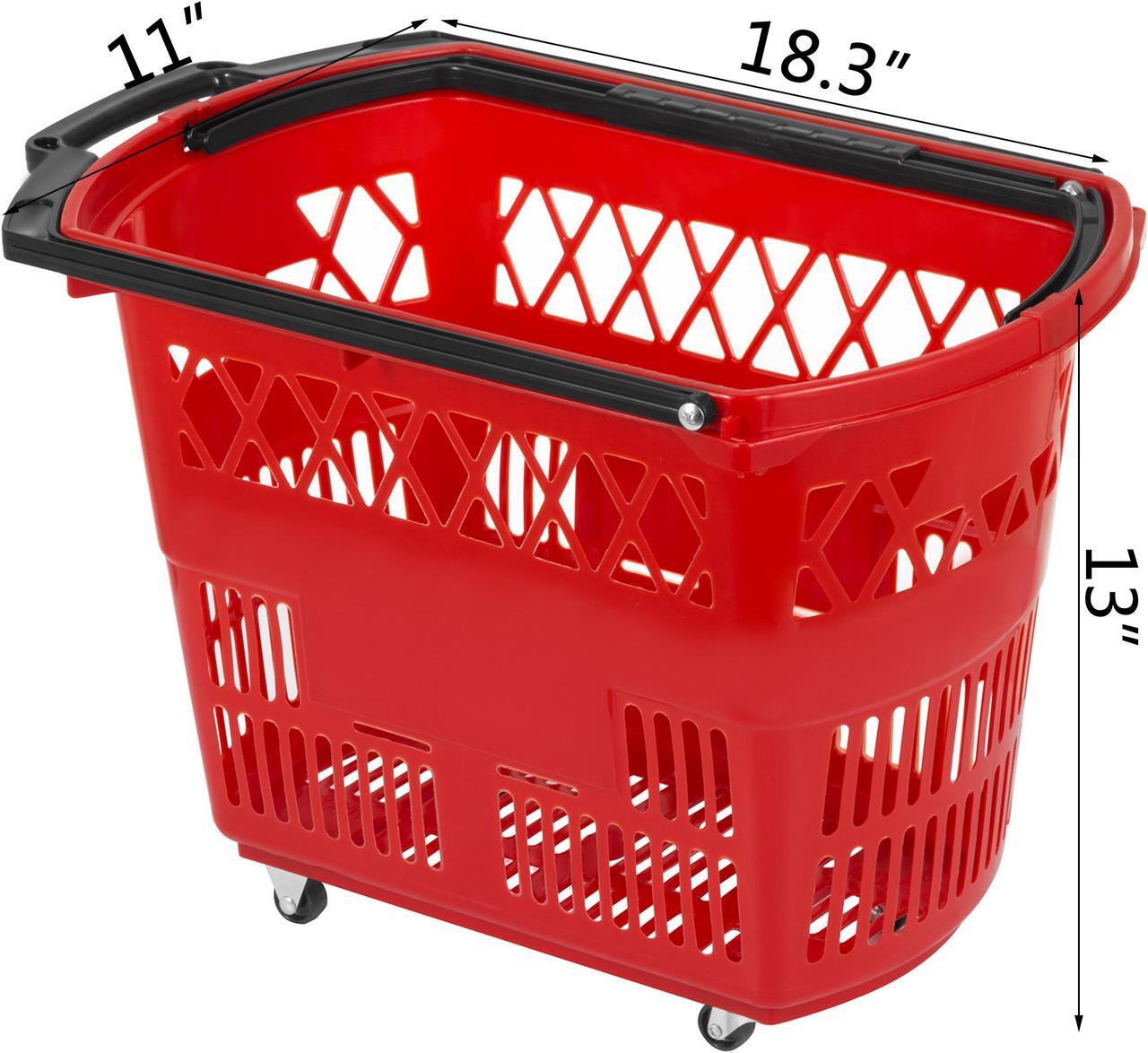 Alt view image 5 of 10 - VEVOR 6PCS Shopping Carts, Plastic Rolling Shopping Basket with Wheels, Red Shopping Baskets with Handles, Portable Shopping Basket Set for Retail Store
