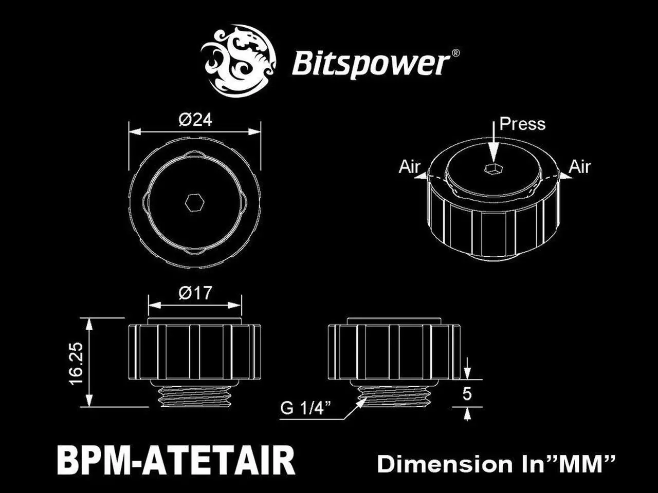 Alt view image 2 of 2 - Bitspower Artemis Manual AIR-Exhaust Fitting - Matte Black