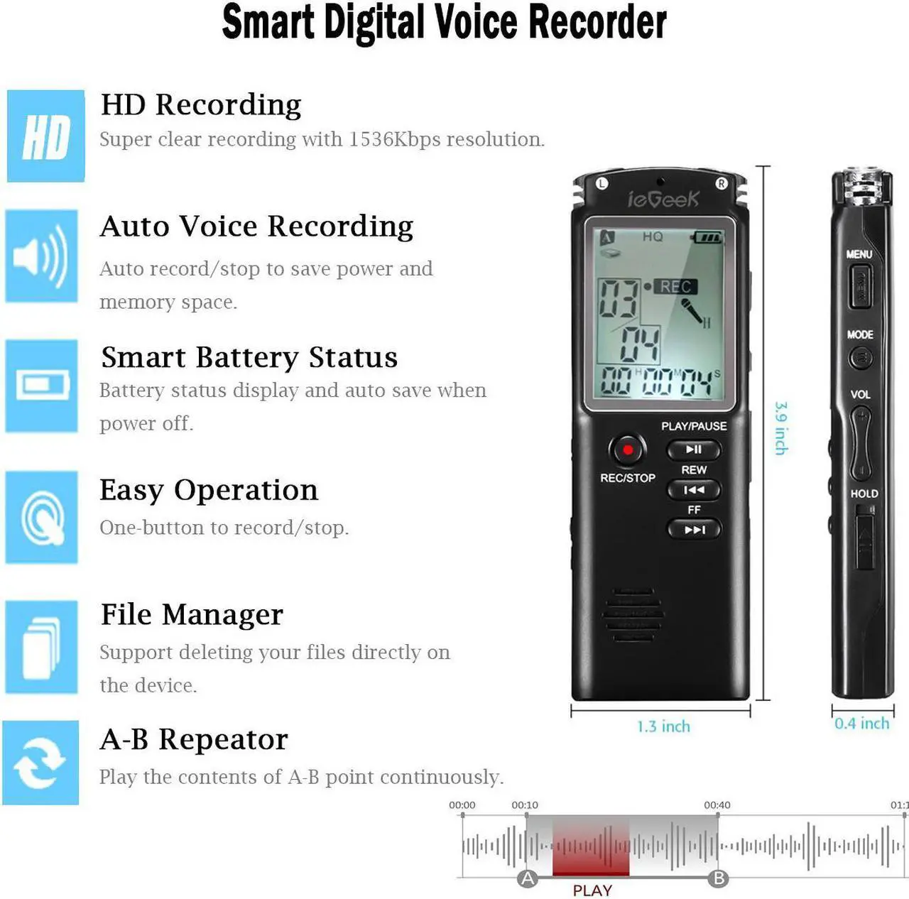 Alt view image 2 of 7 - Digital Voice Recorder, ieGeek 8GB 1536Kbps USB Sound Audio Recorder Multifunctional Portable Rechargeable HD Recording Dictaphone Voice