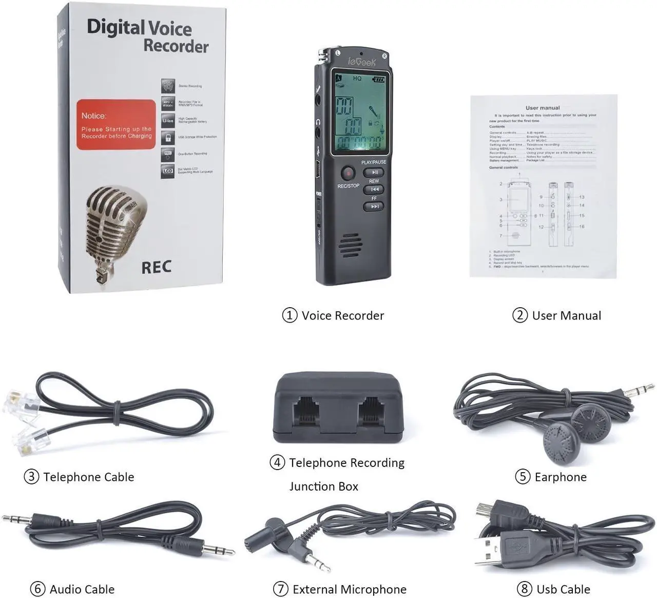 Alt view image 7 of 7 - Digital Voice Recorder, ieGeek 8GB 1536Kbps USB Sound Audio Recorder Multifunctional Portable Rechargeable HD Recording Dictaphone Voice