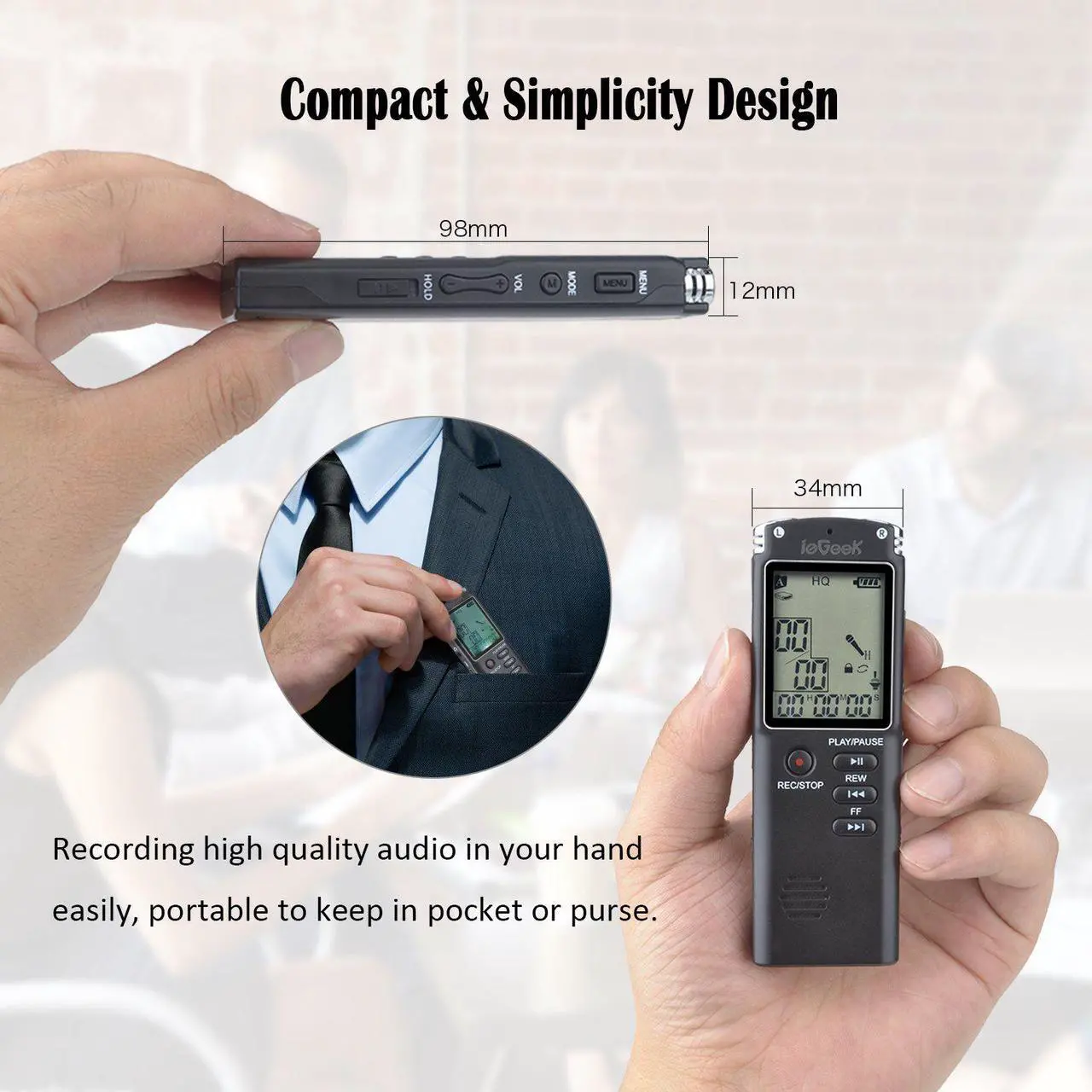 Alt view image 3 of 7 - Digital Voice Recorder, ieGeek 8GB 1536Kbps USB Sound Audio Recorder Multifunctional Portable Rechargeable HD Recording Dictaphone Voice