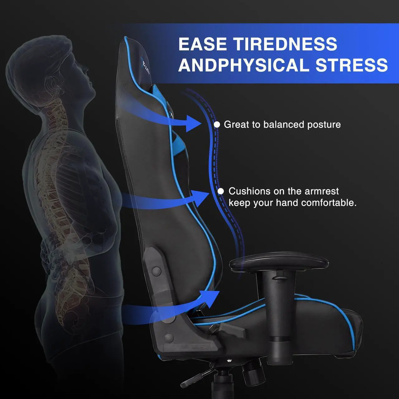 Alt view image 4 of 7 - E-WIN 400lb Gaming Chair ,Office Chair High Back Computer Chair Ergonomic Gaming Chair  Adjustable Armrest with Lumbar Support and Headrest-Black/Blue