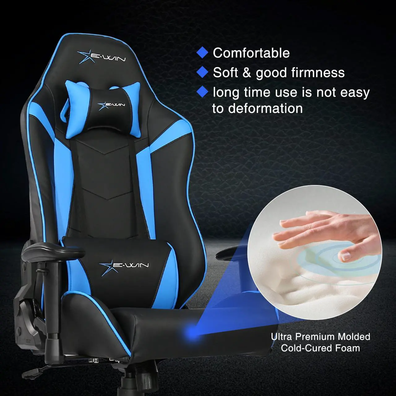 Alt view image 7 of 7 - E-WIN 400lb Gaming Chair ,Office Chair High Back Computer Chair Ergonomic Gaming Chair  Adjustable Armrest with Lumbar Support and Headrest-Black/Blue